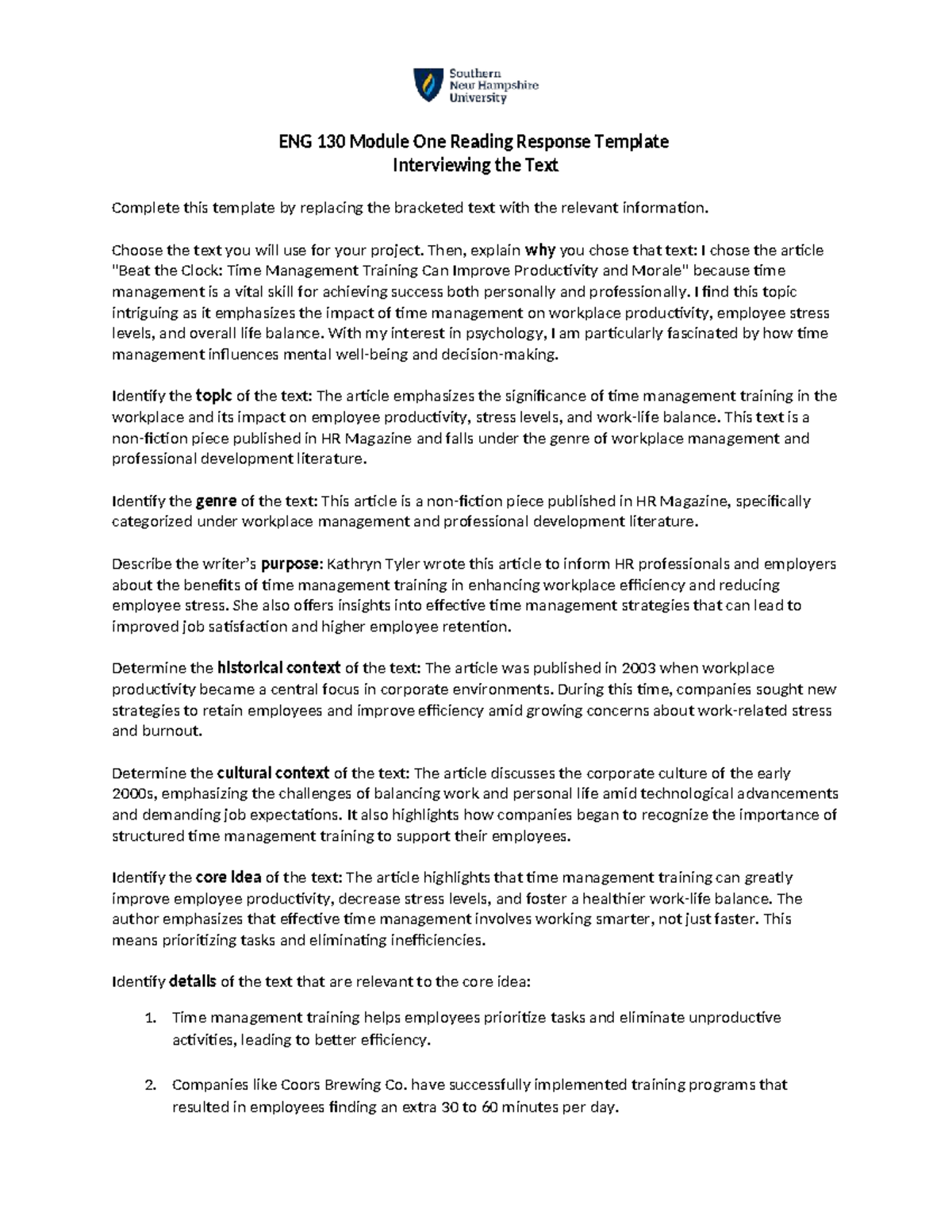 ENG 130 Module One Reading Response Template: Time Management Insights ...
