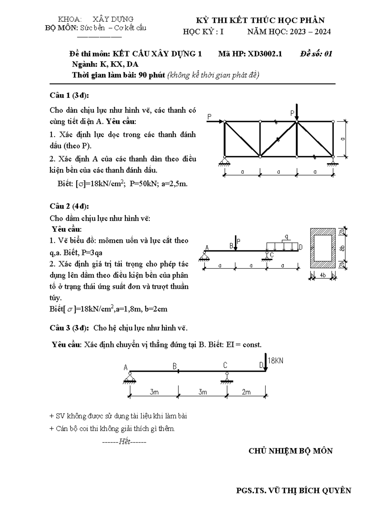 Đề thi Kết Cấu Xây Dựng 1 (XD3002.1) - Học kỳ I, Năm học 2023-2024 - Document Preview