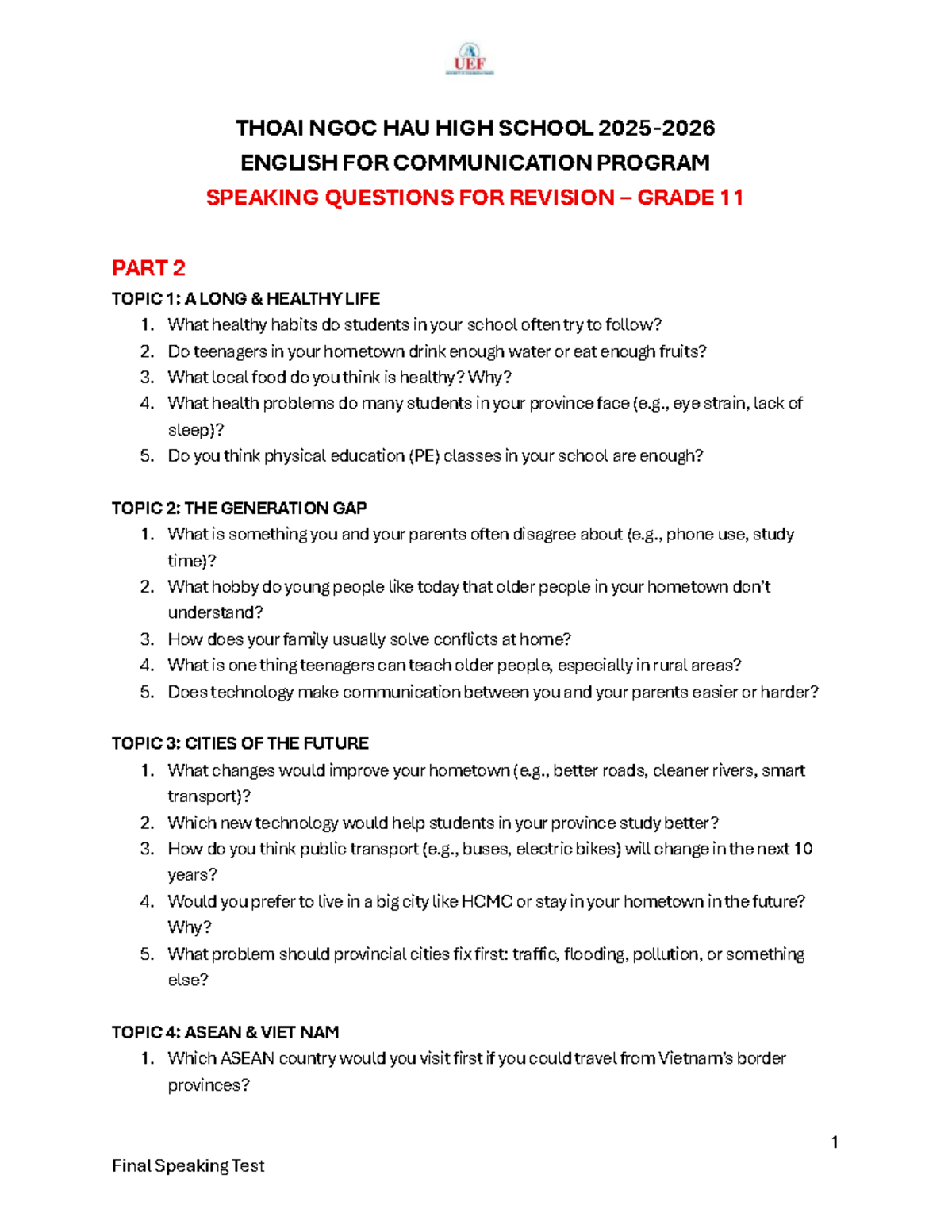TNH Grade 11 English Speaking Revision Questions Part 2 - Studocu