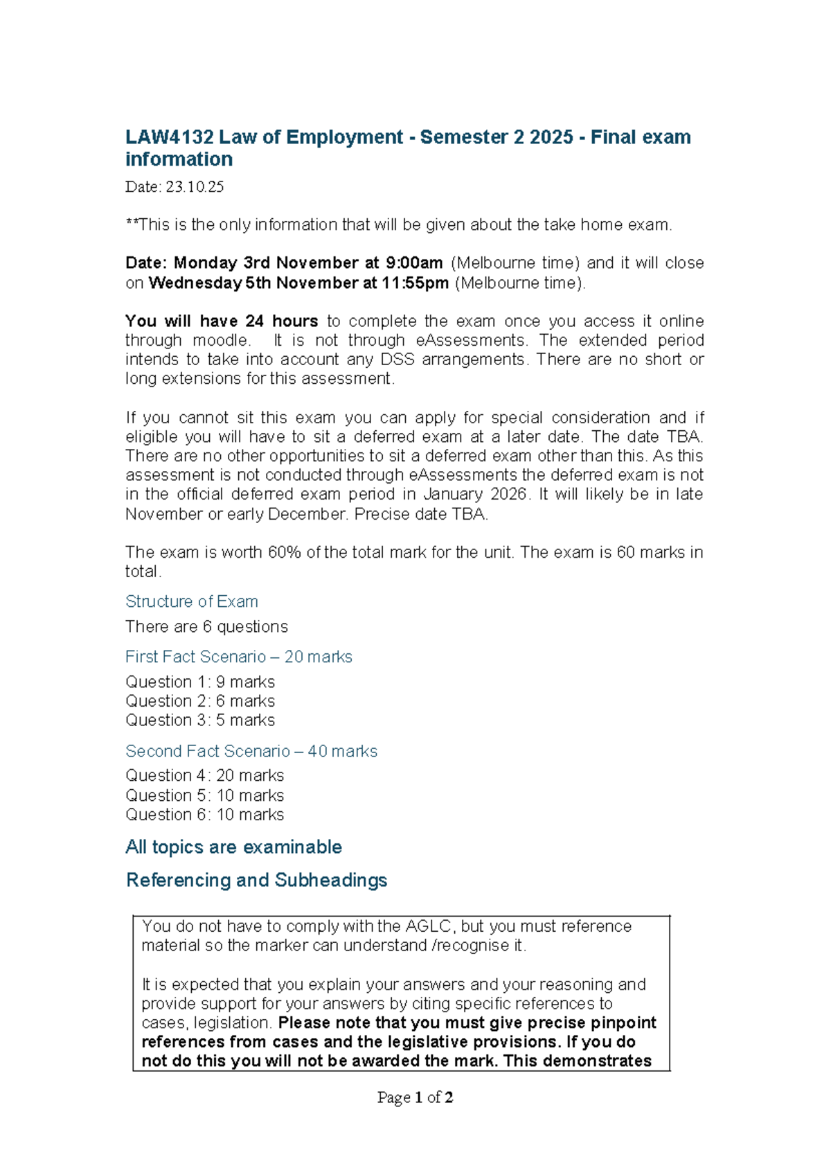 LAW4132 Employment Law S2 2025 Final Exam Instructions - Studocu