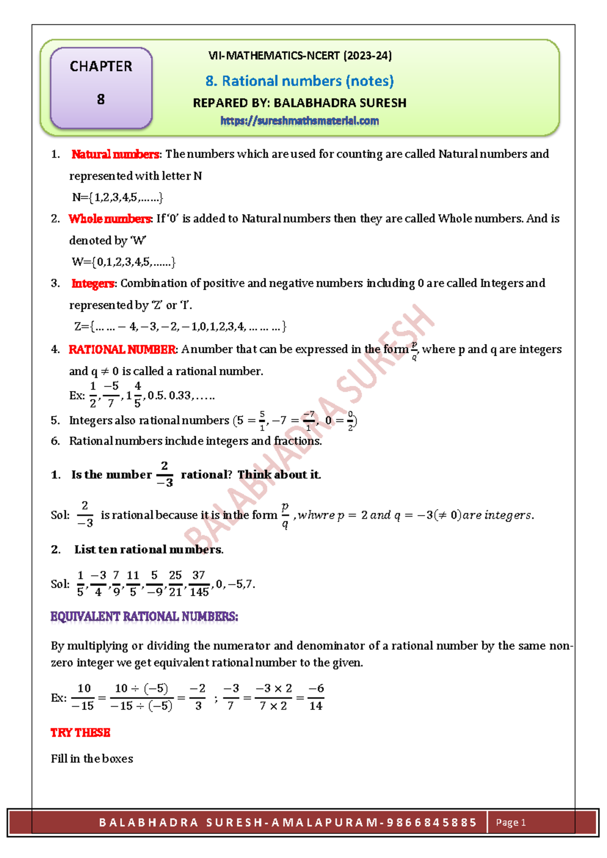 VII Ncert 2023 24 Mathematics 8 - Natural numbers: The numbers which ...