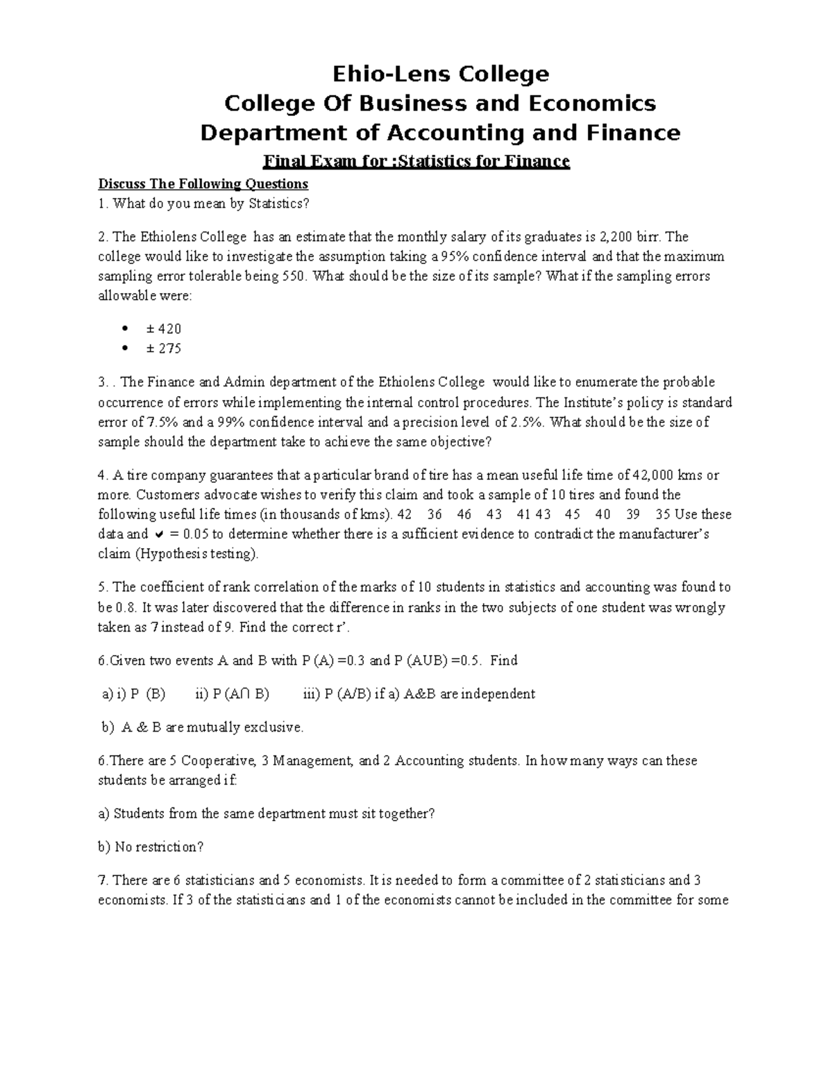 Statistics for Finance (FIN 101) Final Exam Review Questions - Studocu