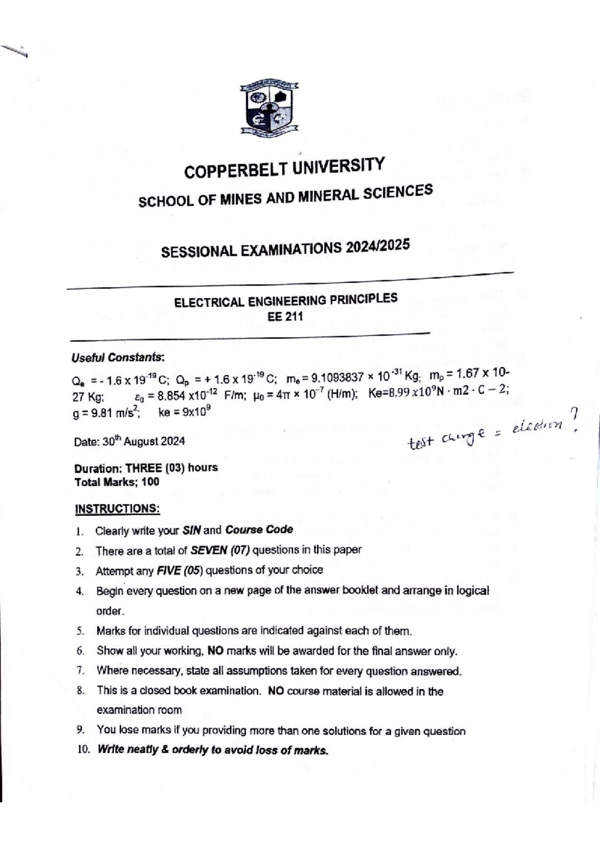 EE 211 2024 - Sessional Exam on Electrical Engineering Principles - Studocu
