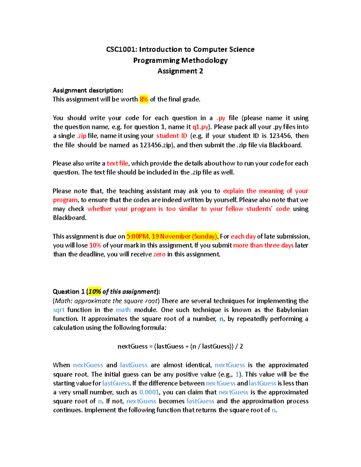 Assignment 2 2023 - homework - CSC1001: Introduction to Computer ...