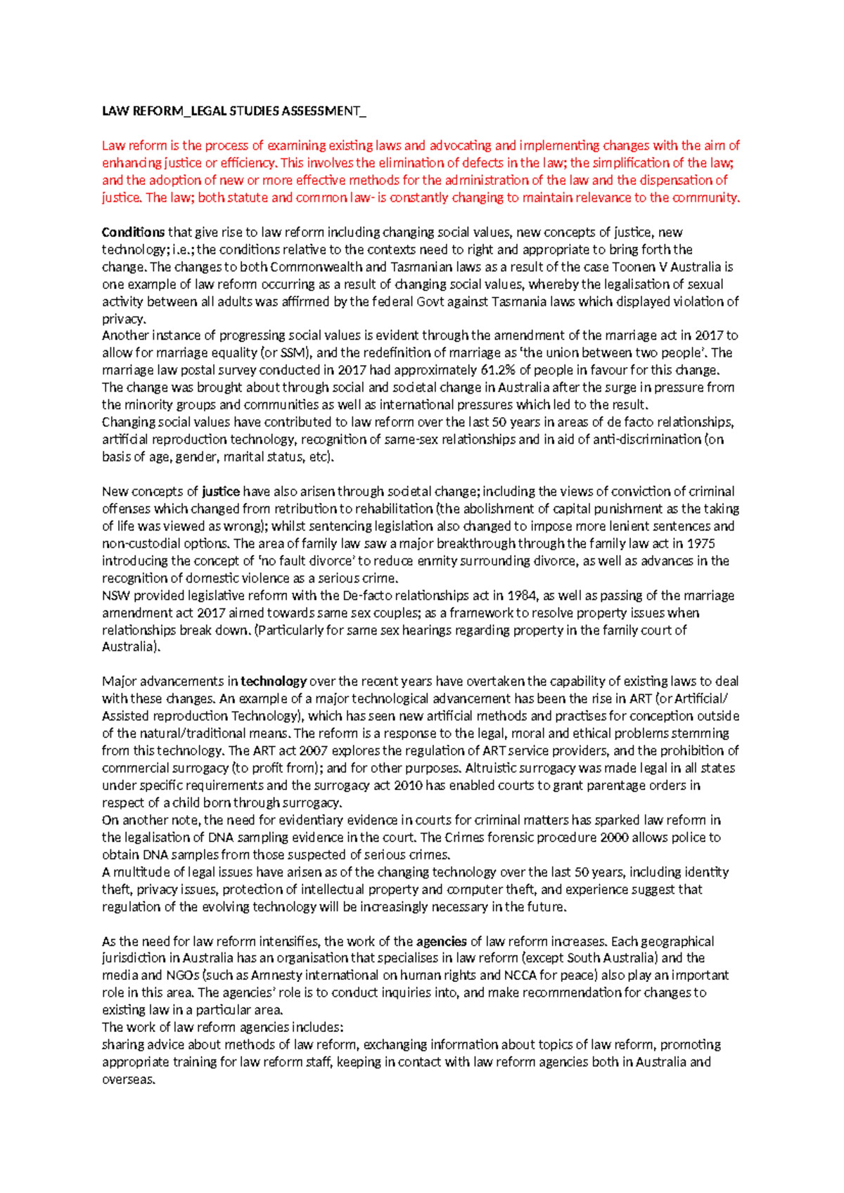 LAW REFORM ESSAY - LEGAL STUDIES ASSESSMENT - Studocu