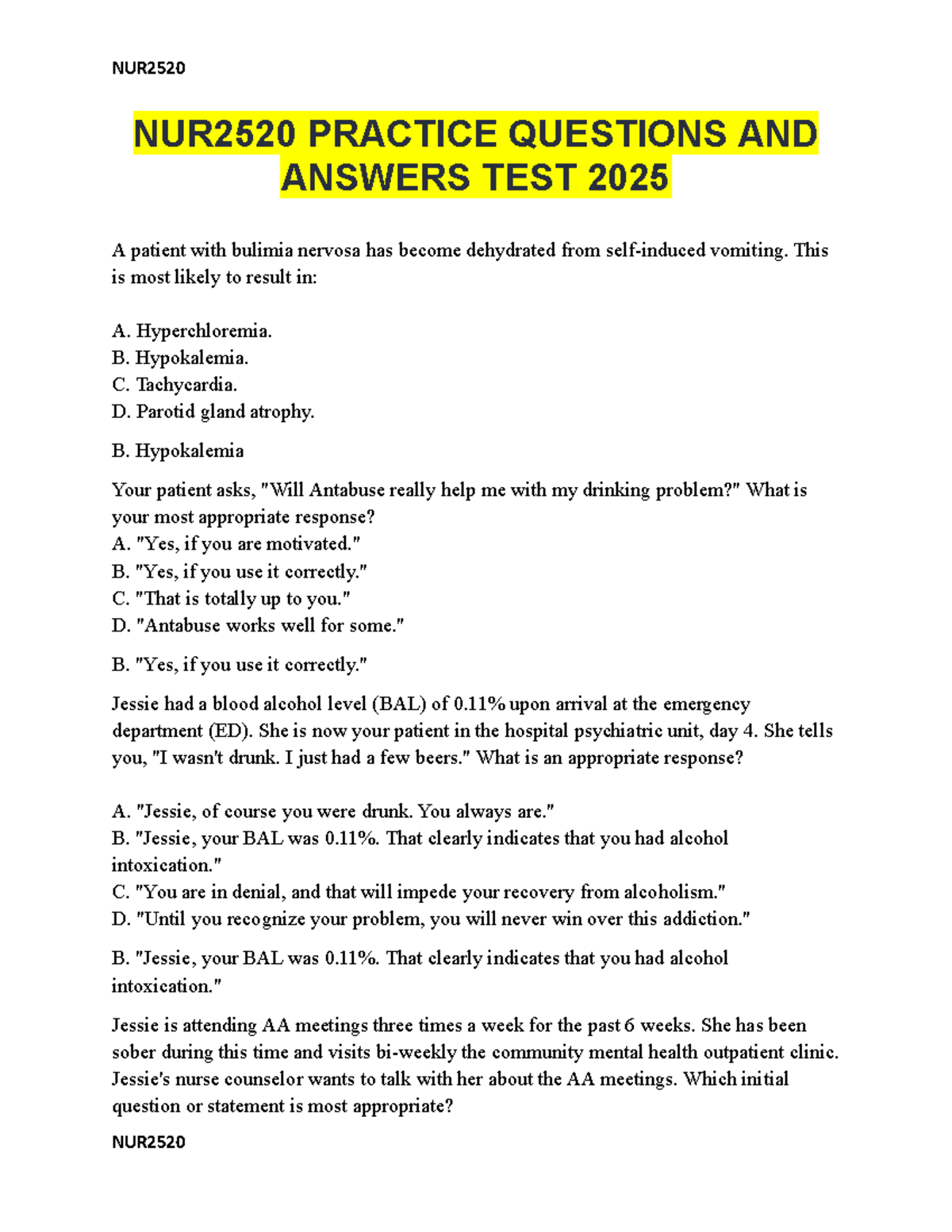 NUR2520 Practice Questions and Answers for Mental Health Exam 2025 ...
