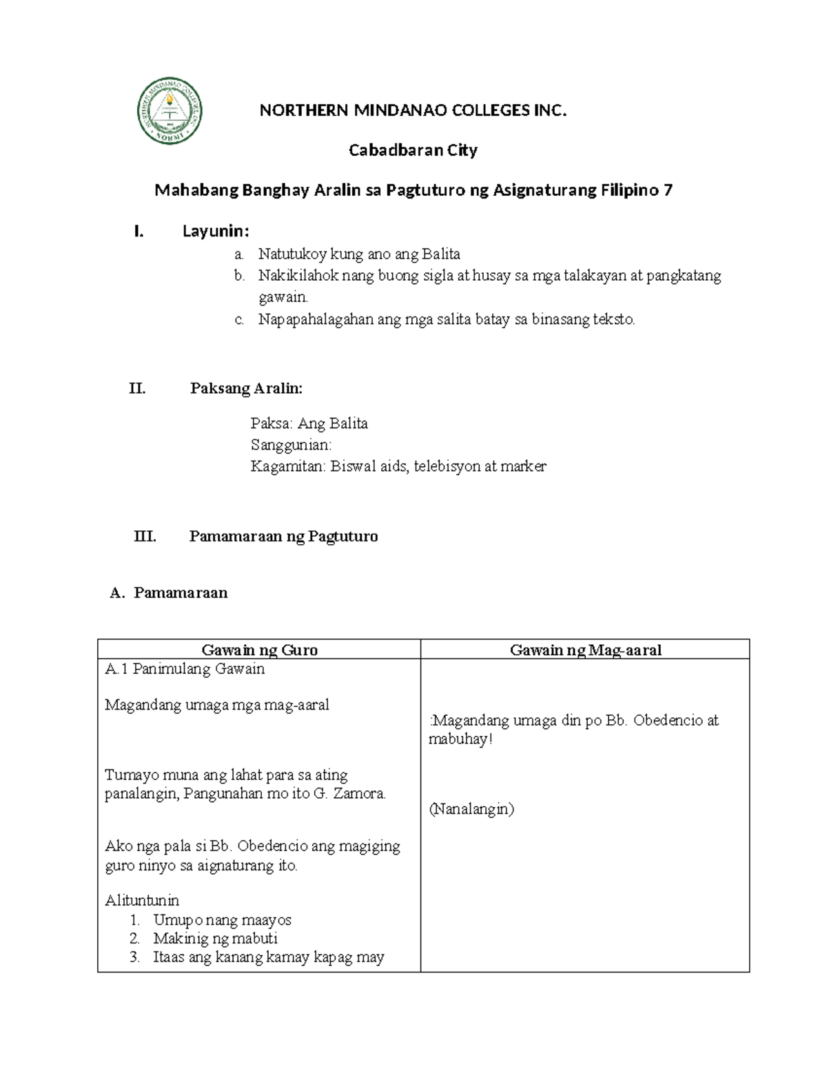 LESSON PLAN FILIPINO - NORTHERN MINDANAO COLLEGES INC. Cabadbaran City ...