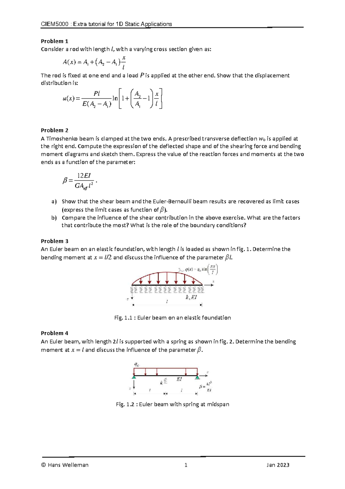 Extra Tutorial for 1D Static Applications - Problems Overview - Studeersnel