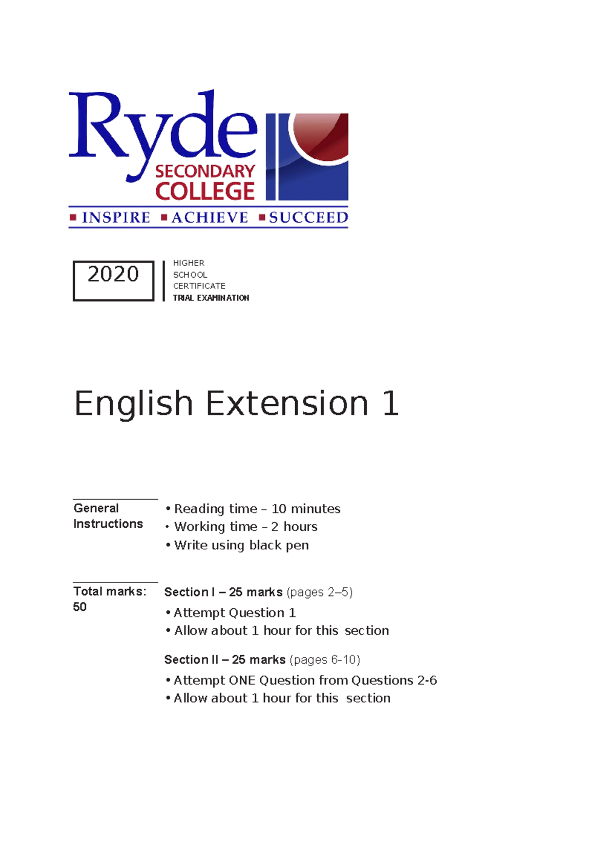 2020 HSC Trial Exam: English Extension 1 Practice Paper - Studocu