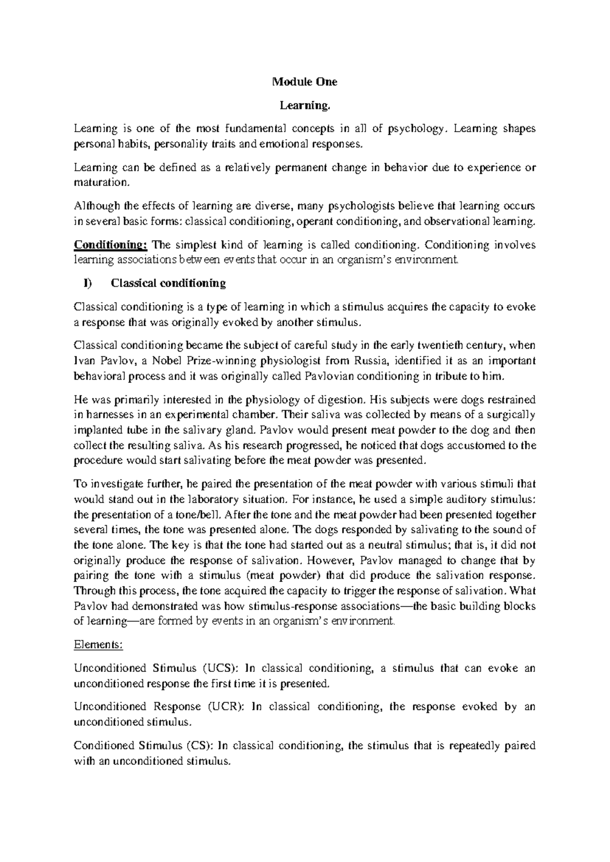 Module 1 - Learning: Classical and Operant Conditioning (MCC) - Studocu