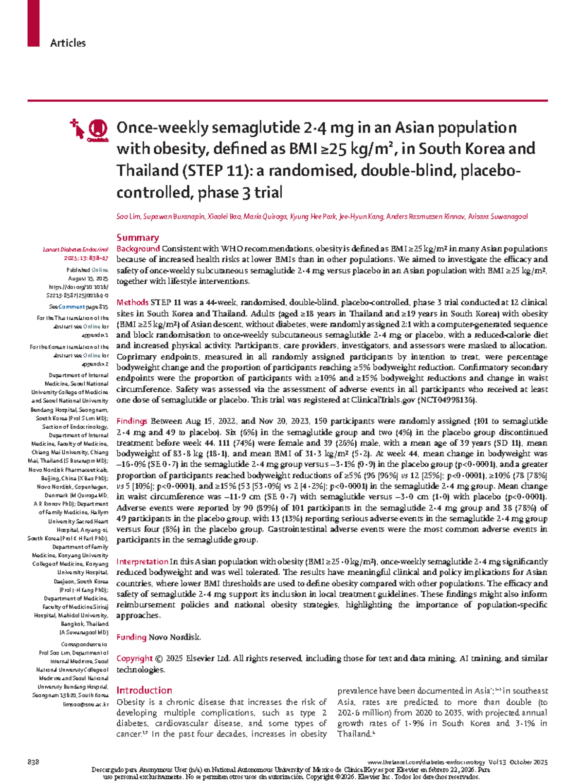 Efficacy of Once Weekly Semaglutide 2.4 mg in Asian Obesity (STEP 11 ...