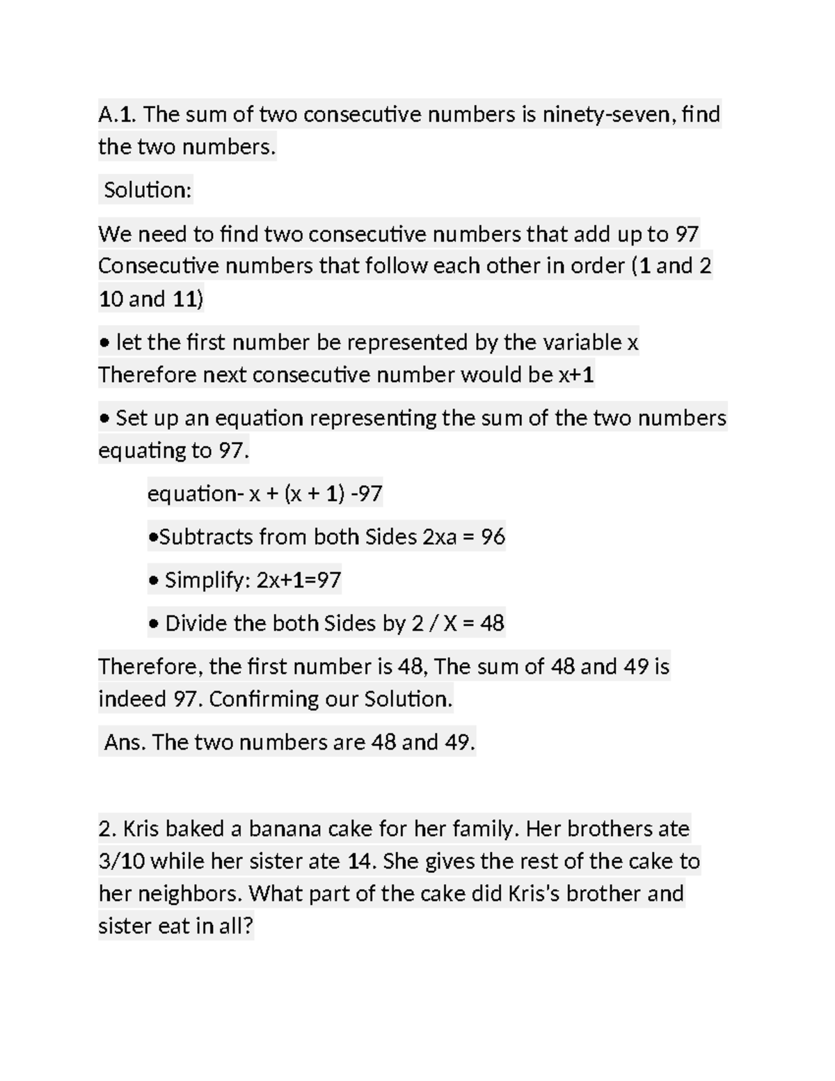 Math Solutions: Consecutive Numbers & Cake Fractions (Course Code: A.1 ...