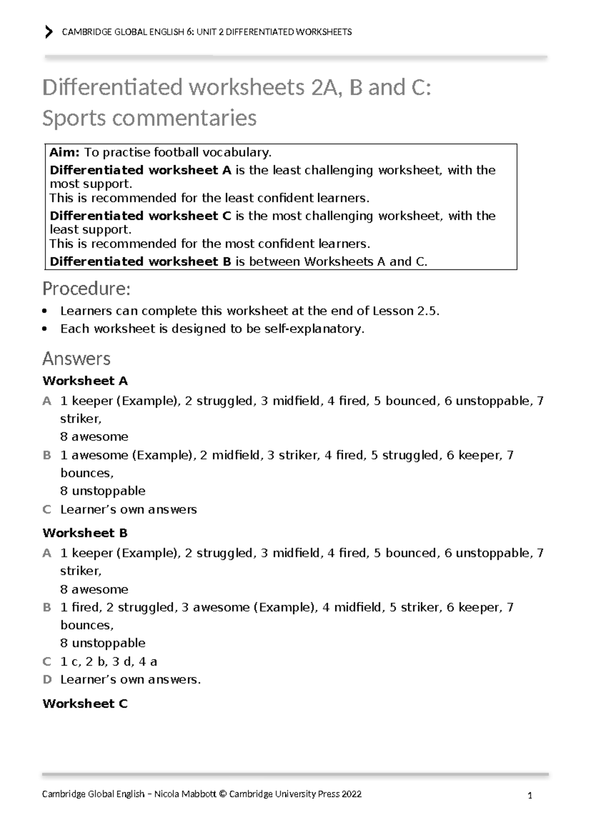 CAMBRIDGE GLOBAL ENGLISH 6: UNIT 2 DIFF WS - SPORTS COMMENTARIES - Studocu