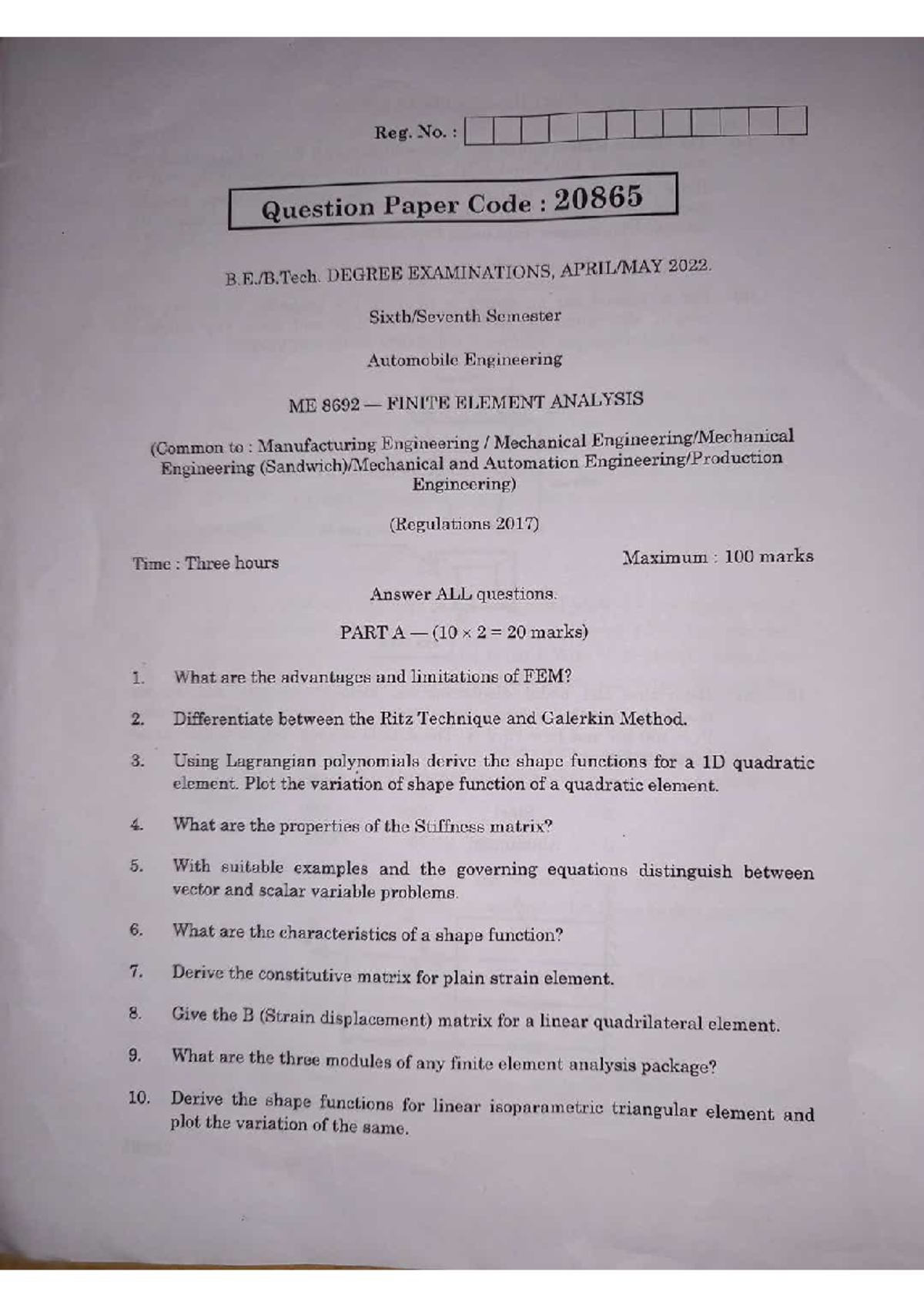 FEA Apr-May 2022 - Anna Univ. Question Paper Review - Studocu