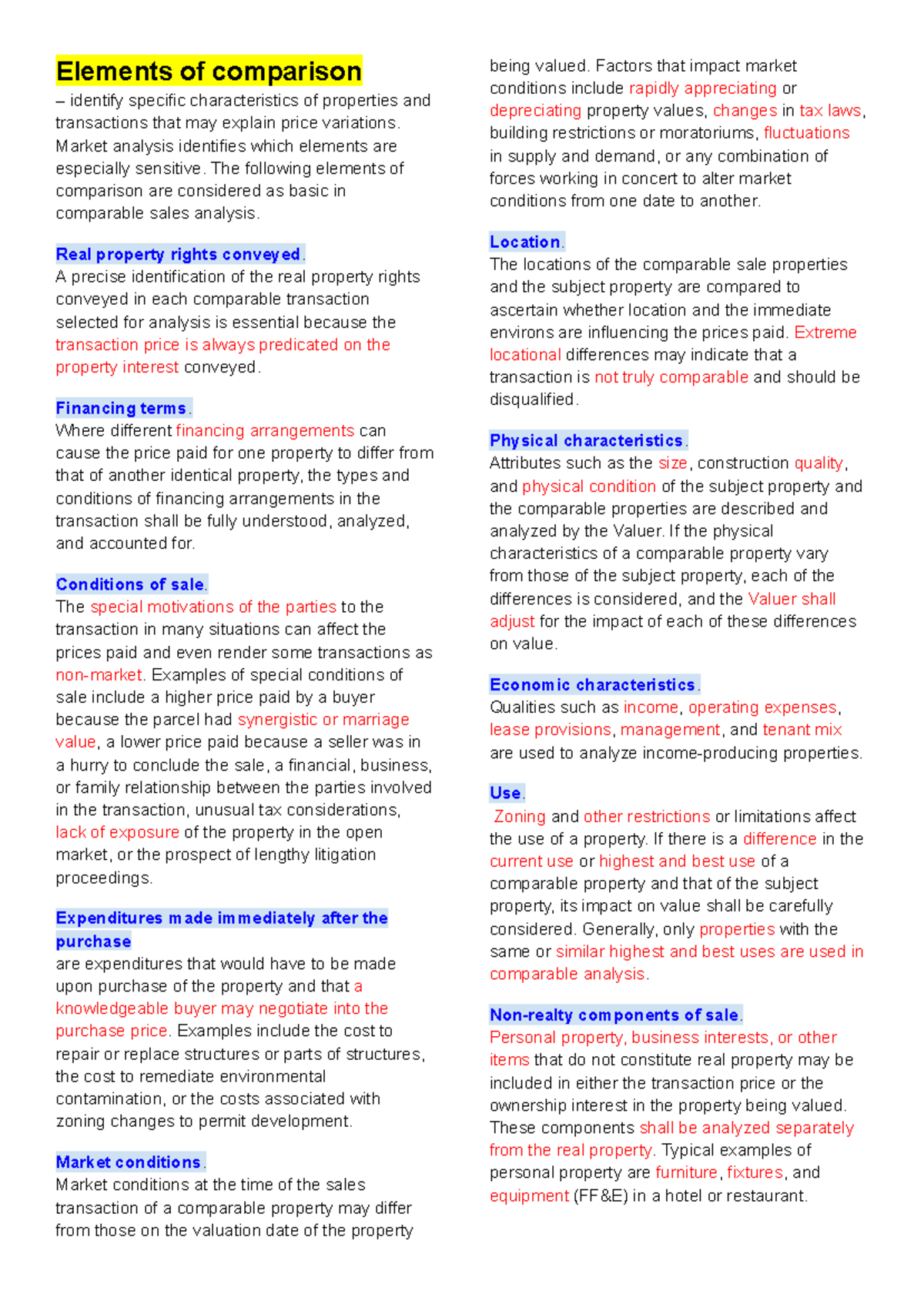 Elements of Comparison in Real Estate Analysis - RE 101 - Studocu