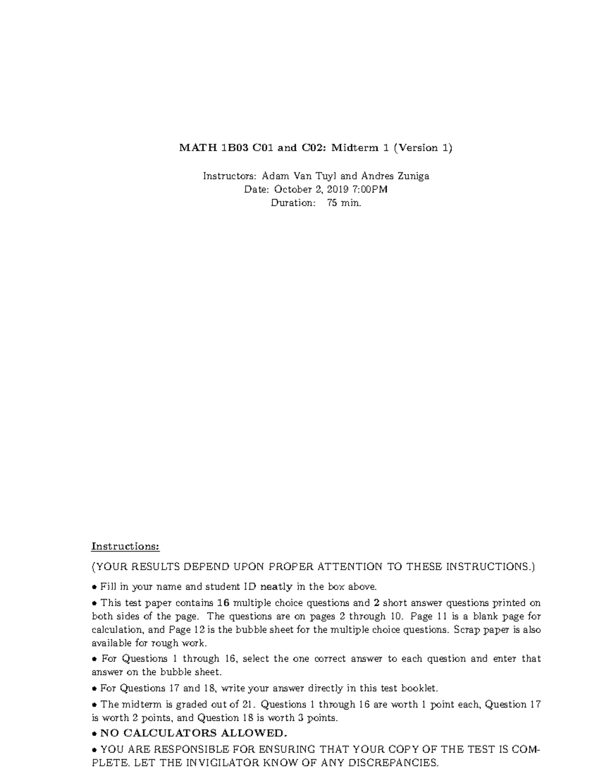 MATH 1B03: Midterm 1 (Version 1) - Fall 2019 Exam Paper - Studocu