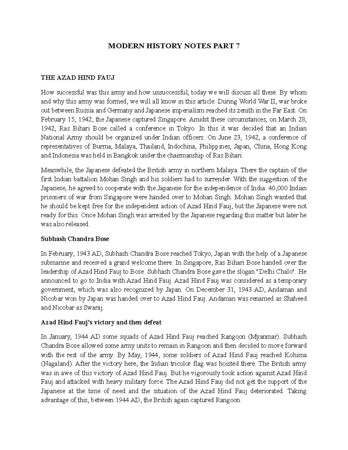 Modern History Notes: Azad Hind Fauj & Drain of Wealth Theory - Studocu