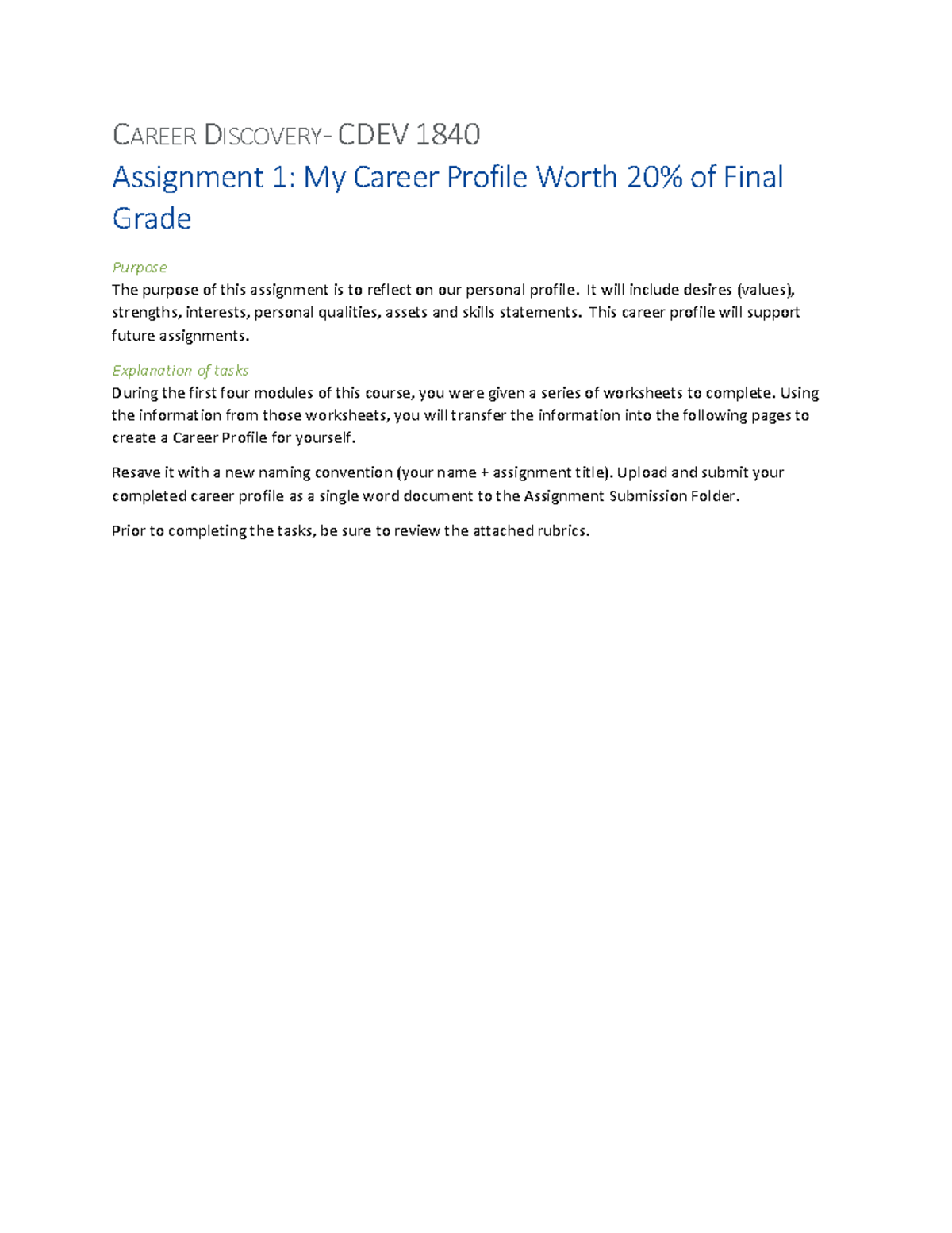 Anamika My Career Profile Assignment - CAREER DISCOVERY- CDEV 1840 ...