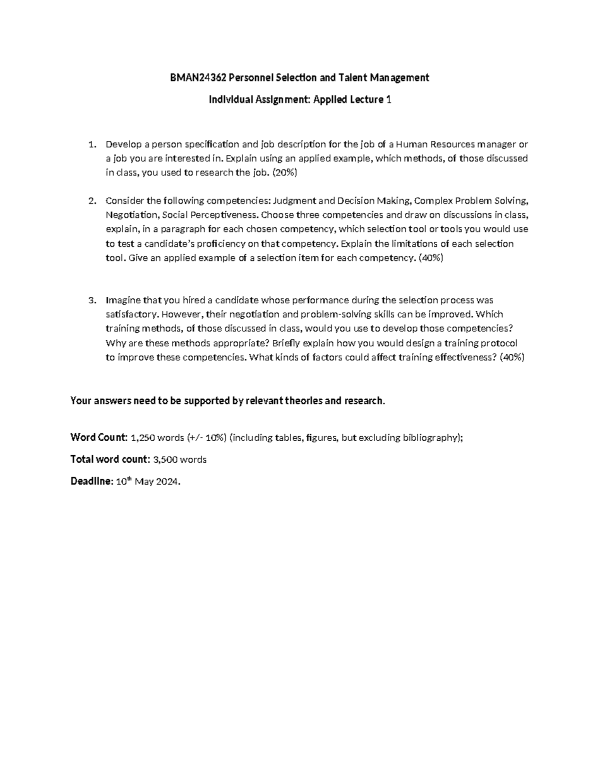 BMAN24362 Applied Lecture 1: Personnel Selection & Talent Management ...