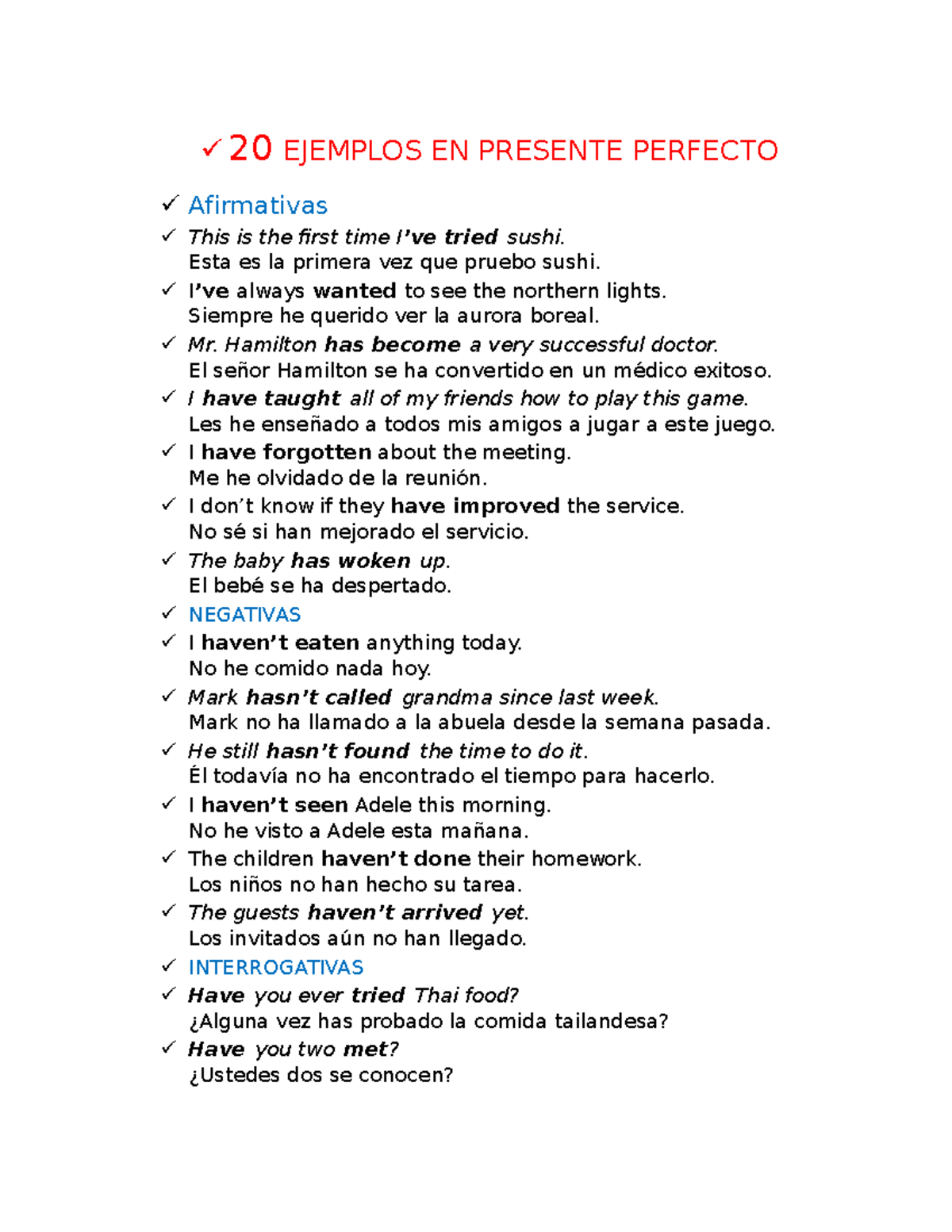 20 Ejemplos EN Presente Perfecto - 20 EJEMPLOS EN PRESENTE PERFECTO ...