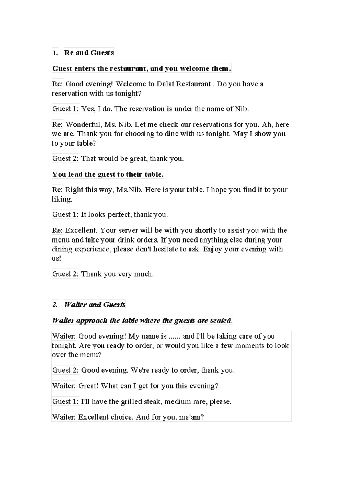 Kịch bản - This note can help you to get over the role-play - Re and ...