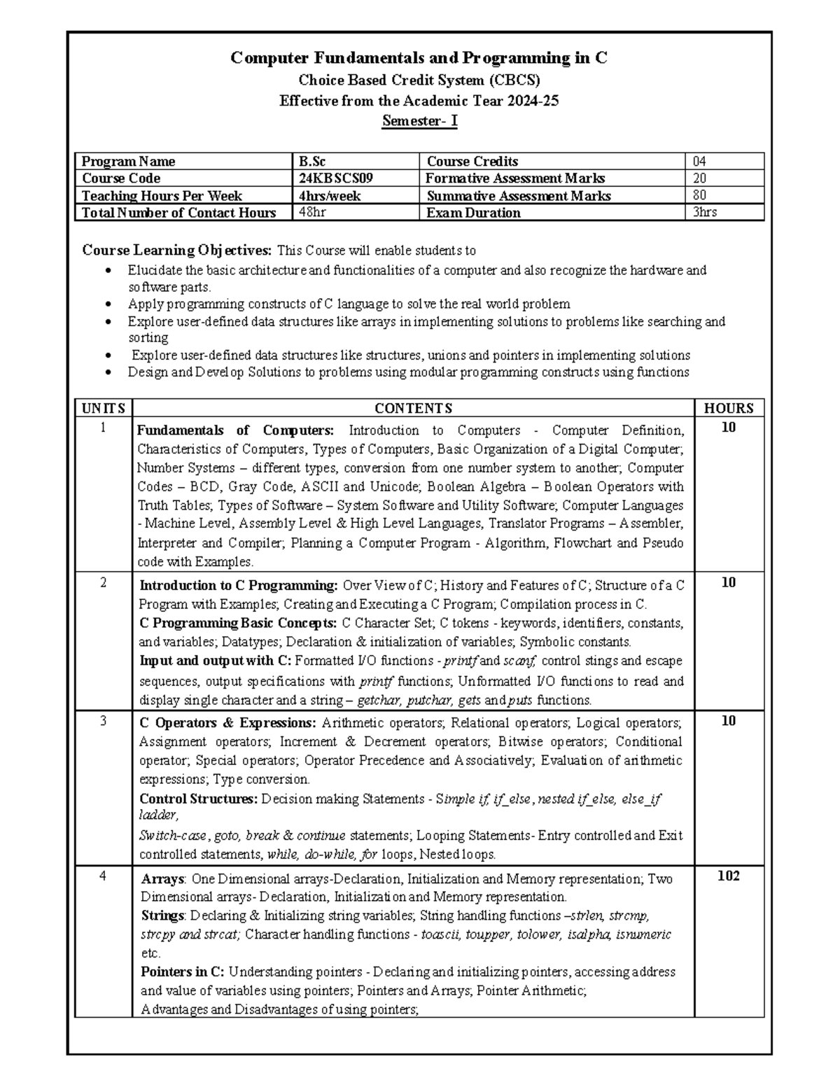 B.Sc. Computer Science Syllabus: Computer Fundamentals & Data ...
