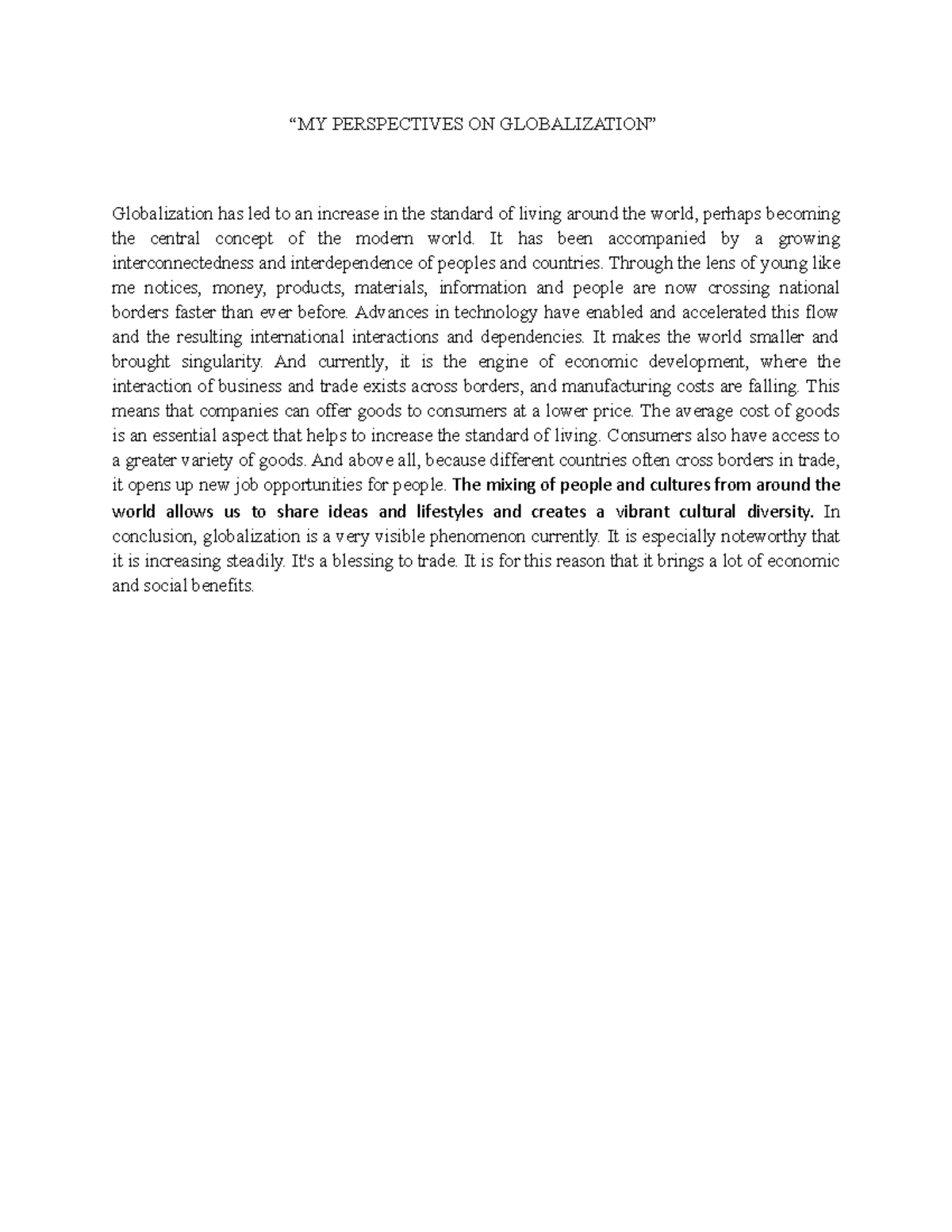 MY Perspectives ON Globalization - “MY PERSPECTIVES ON GLOBALIZATION ...