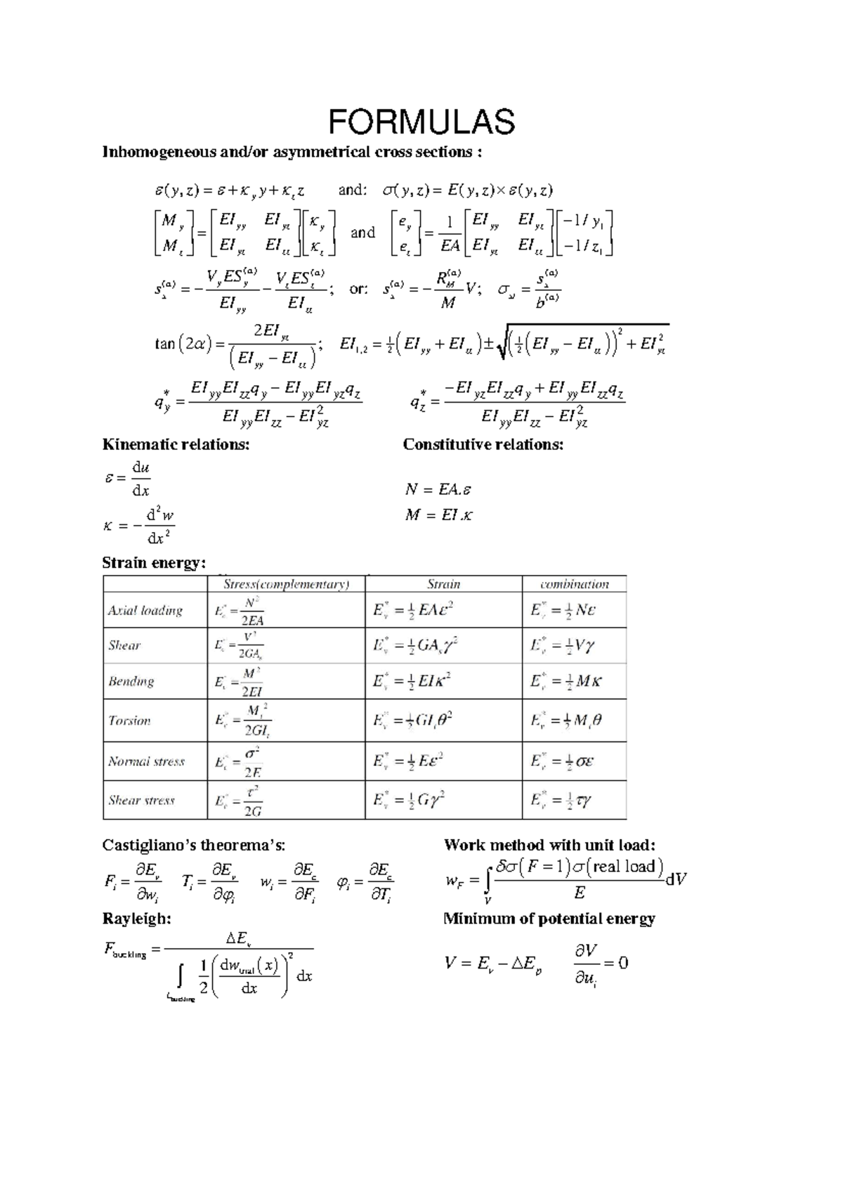 Formula Sheet: Inhomogeneous & Asymmetrical Cross Sections (ENG 101 ...