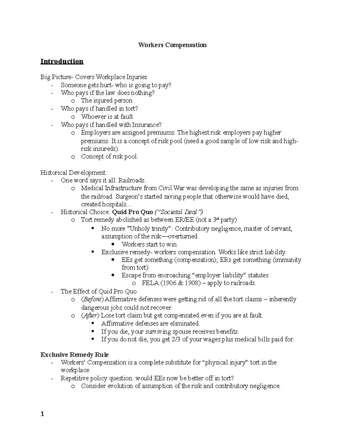 WC Final Outline - Workers Compensation Introduction Big Picture ...