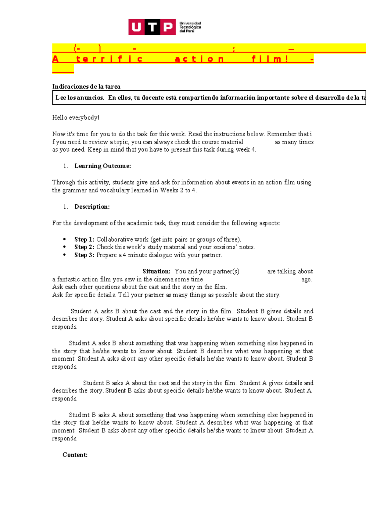 🔴 (AC-S04) Week 04 - Task Assignment: Discussing an Action Film - Studocu
