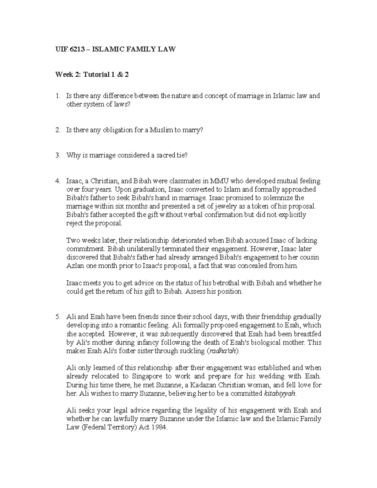 UIF 6213 ISLAMIC FAMILY LAW Week 2: Tutorial on Marriage Concepts - Studocu