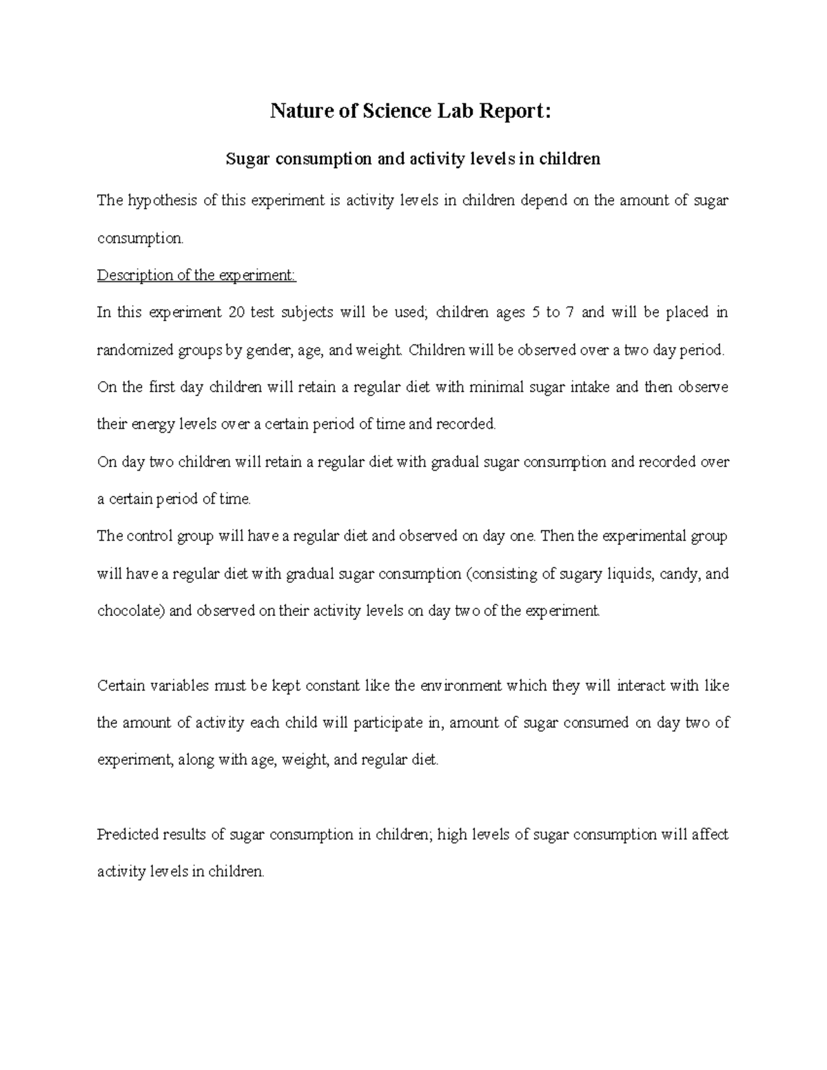 Nature of Science Lab Report: Impact of Sugar on Child Activity Levels ...
