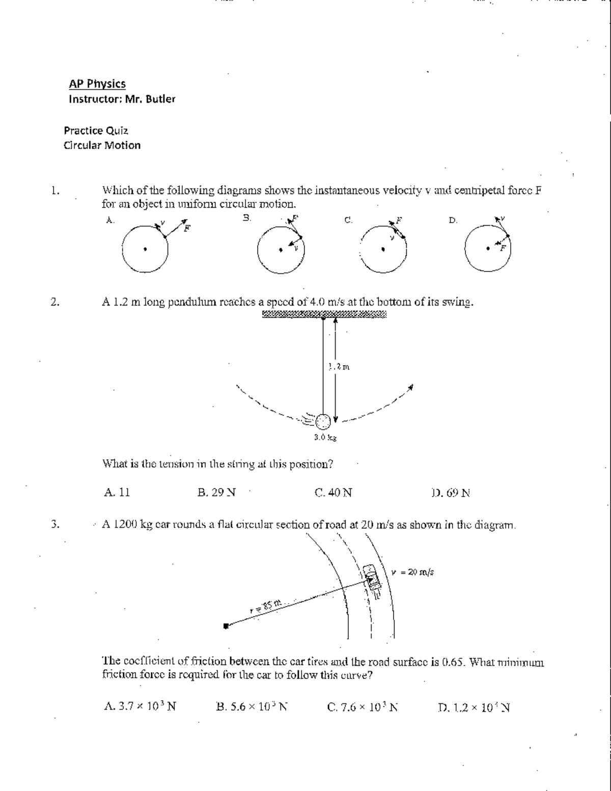 AP Physics (AP) Practice Quiz: Circular Motion Concepts and Problems ...