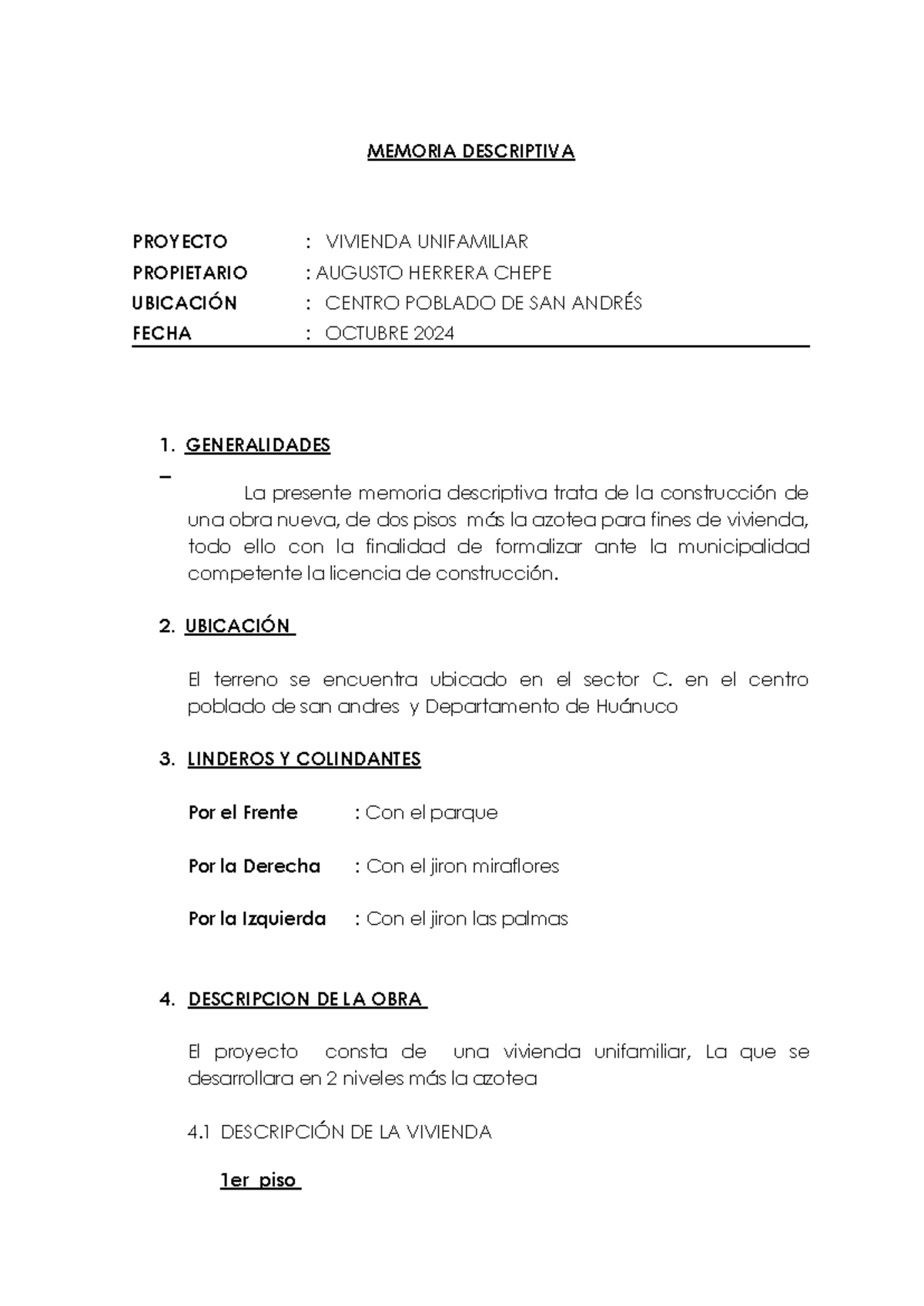 Memoria Descriptiva del Proyecto de Vivienda Unifamiliar - Oct 2024 ...