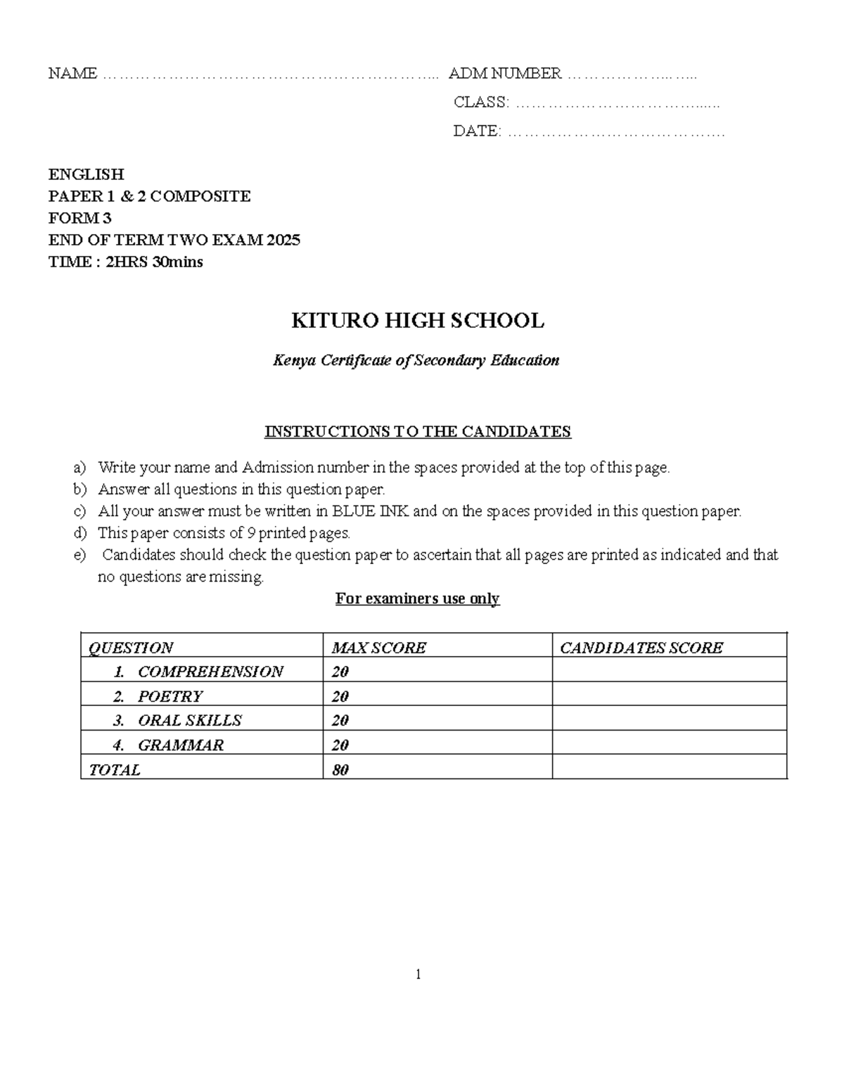English ET2 2025 End of Term 2 Exam Paper - Studocu