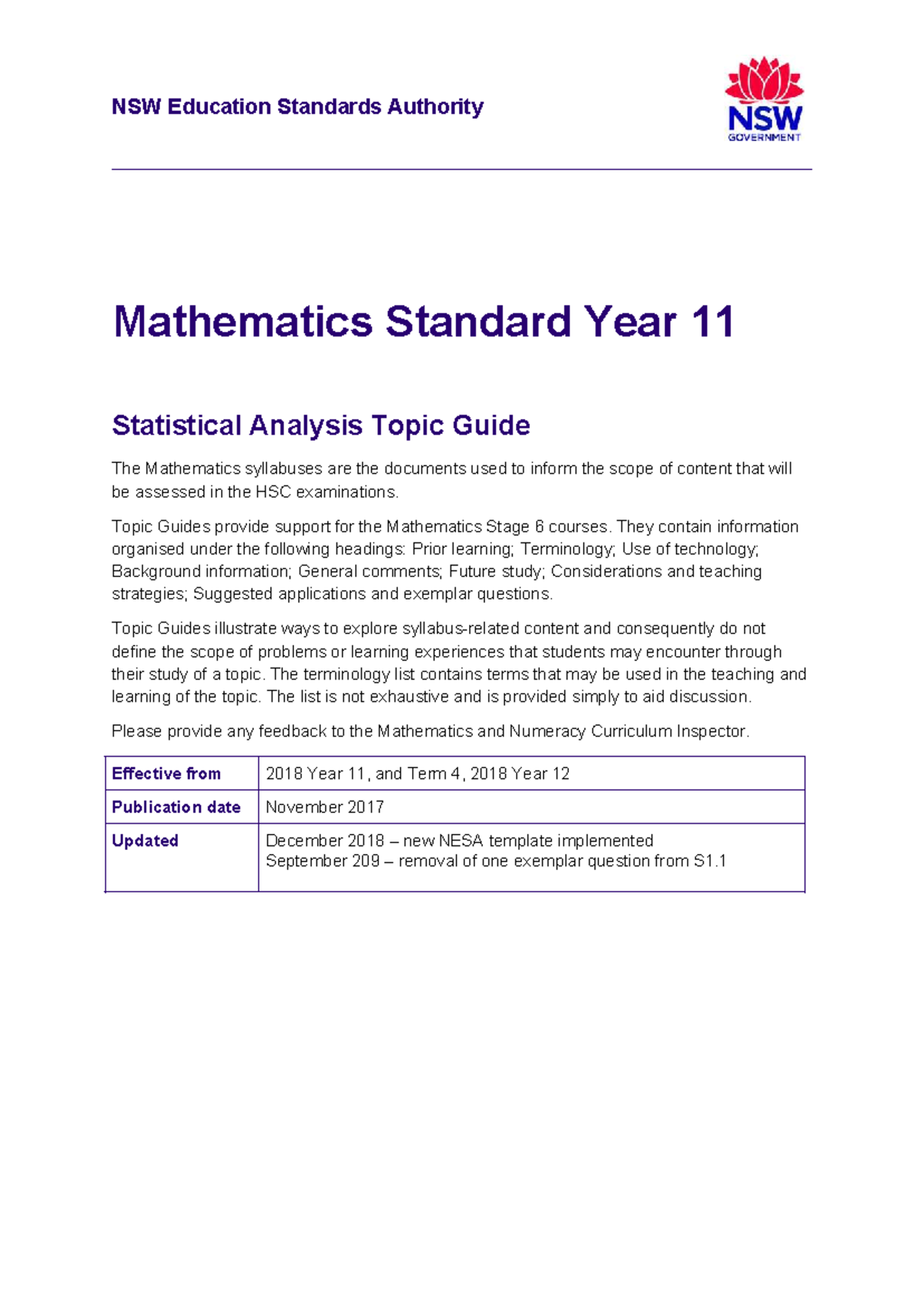 Mathematics Standard Year 11: Statistical Analysis Topic Guide - Studocu