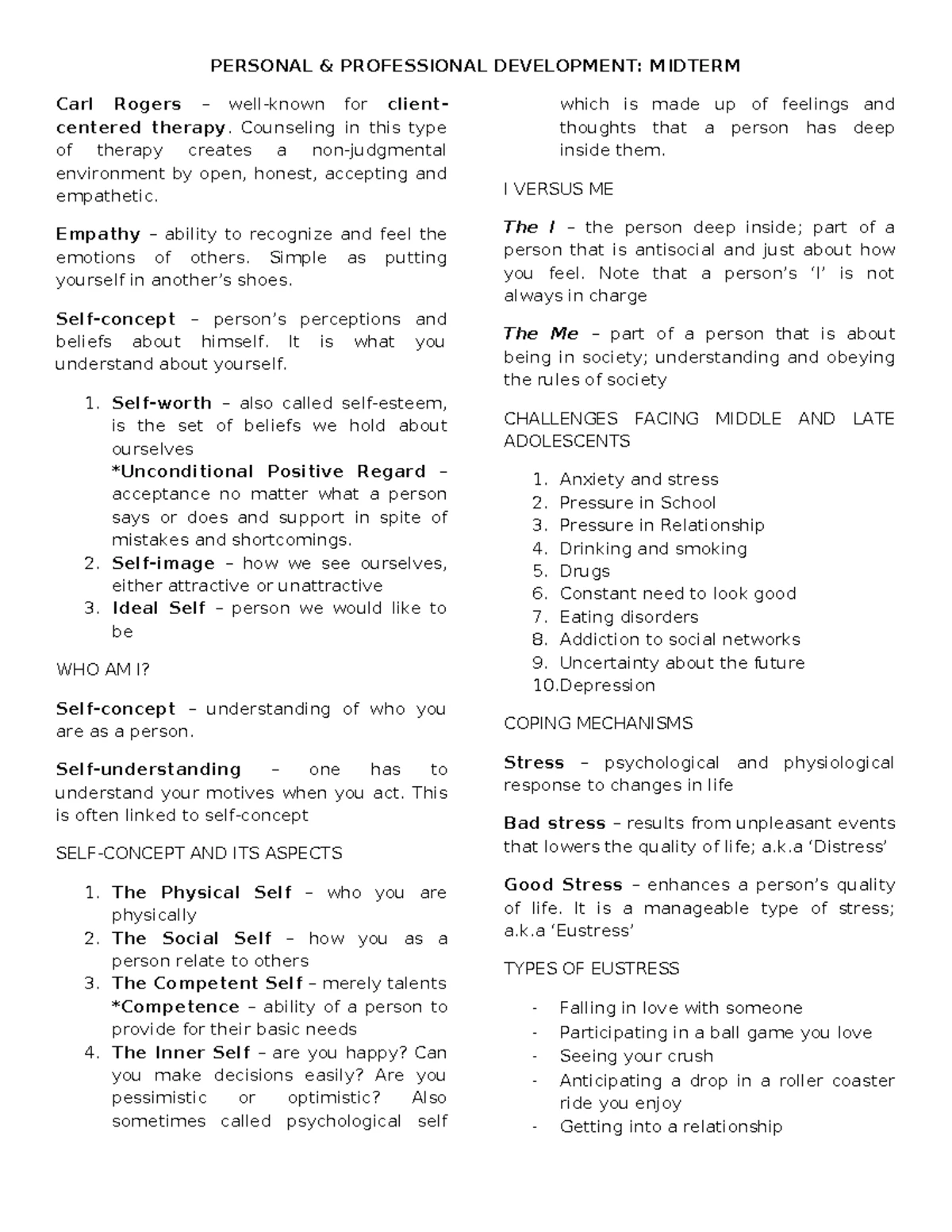 Perdev 101 - Midterm Exam Review: Personal Development Concepts - Studocu