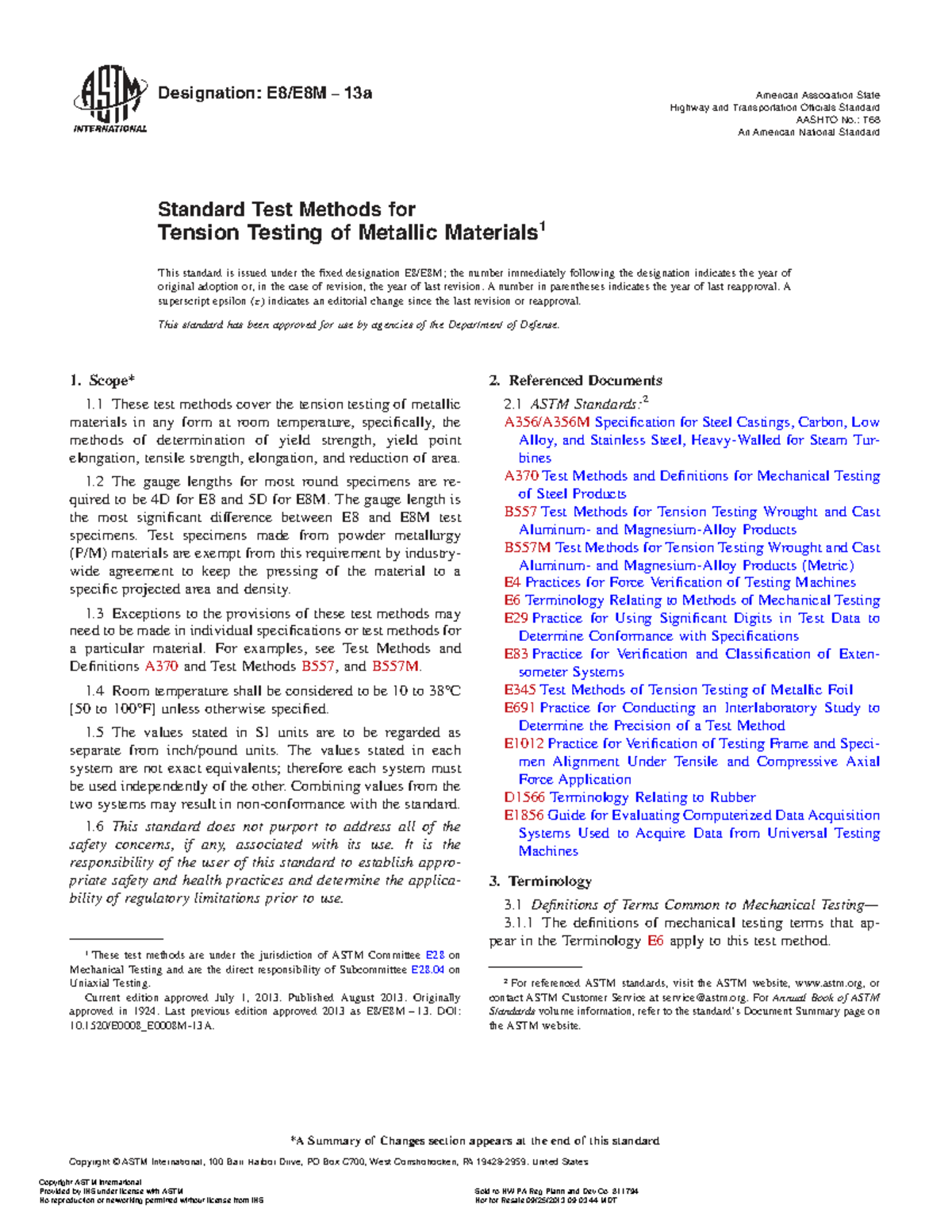 ASTM E8-13: Standard Test Methods for Tension Testing of Metals - Studocu