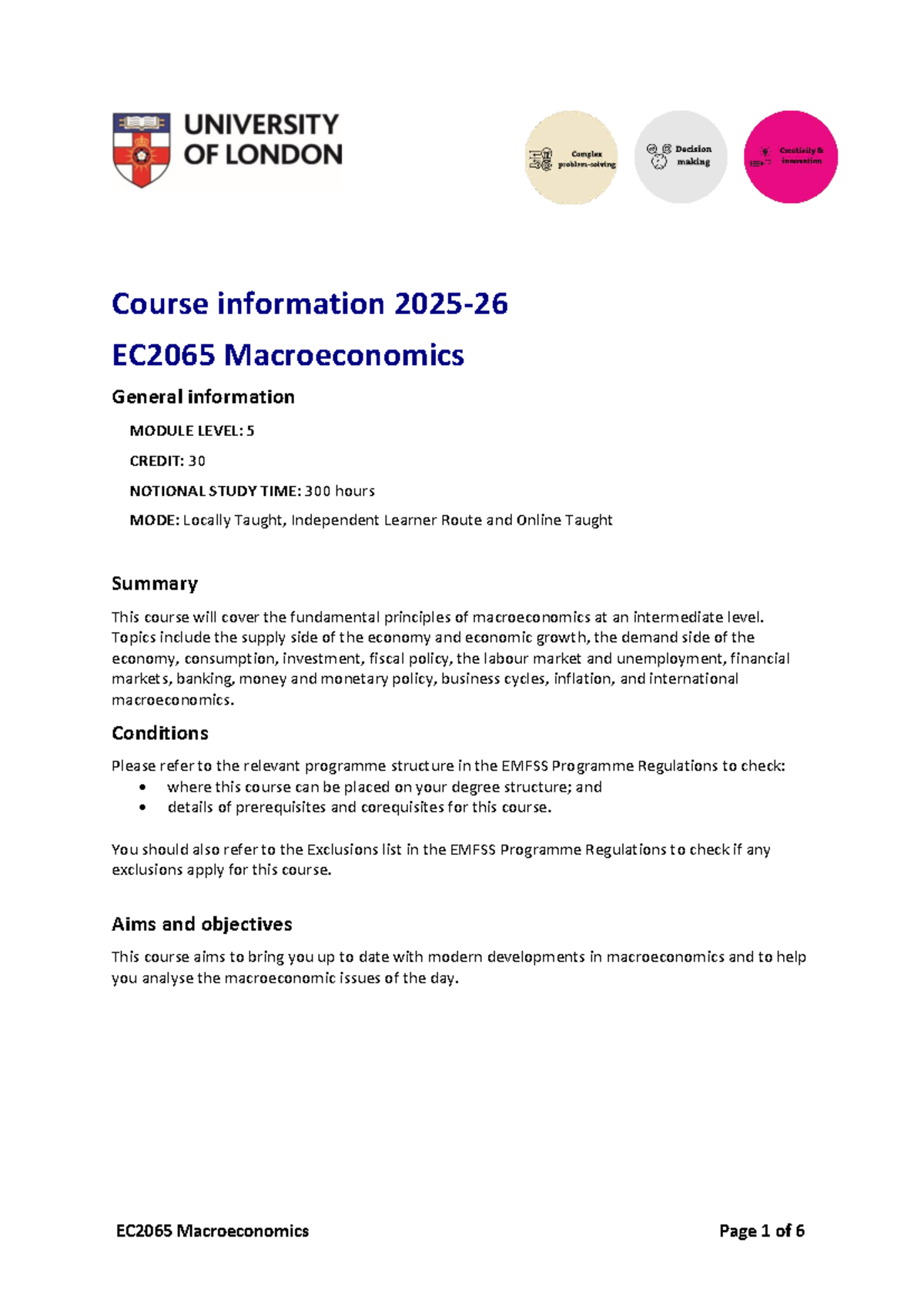EC2065 Macroeconomics Course Overview and Key Topics - Studocu