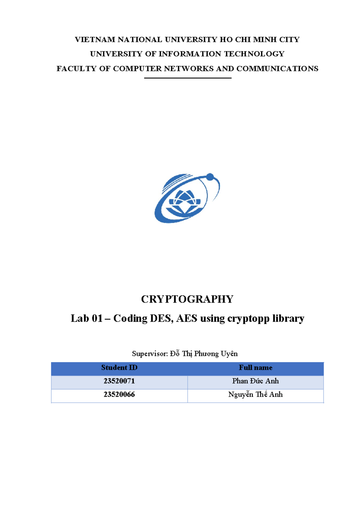 NT219.P22 CRYPTOGRAPHY Lab 01: DES & AES Coding with CryptoPP Library ...