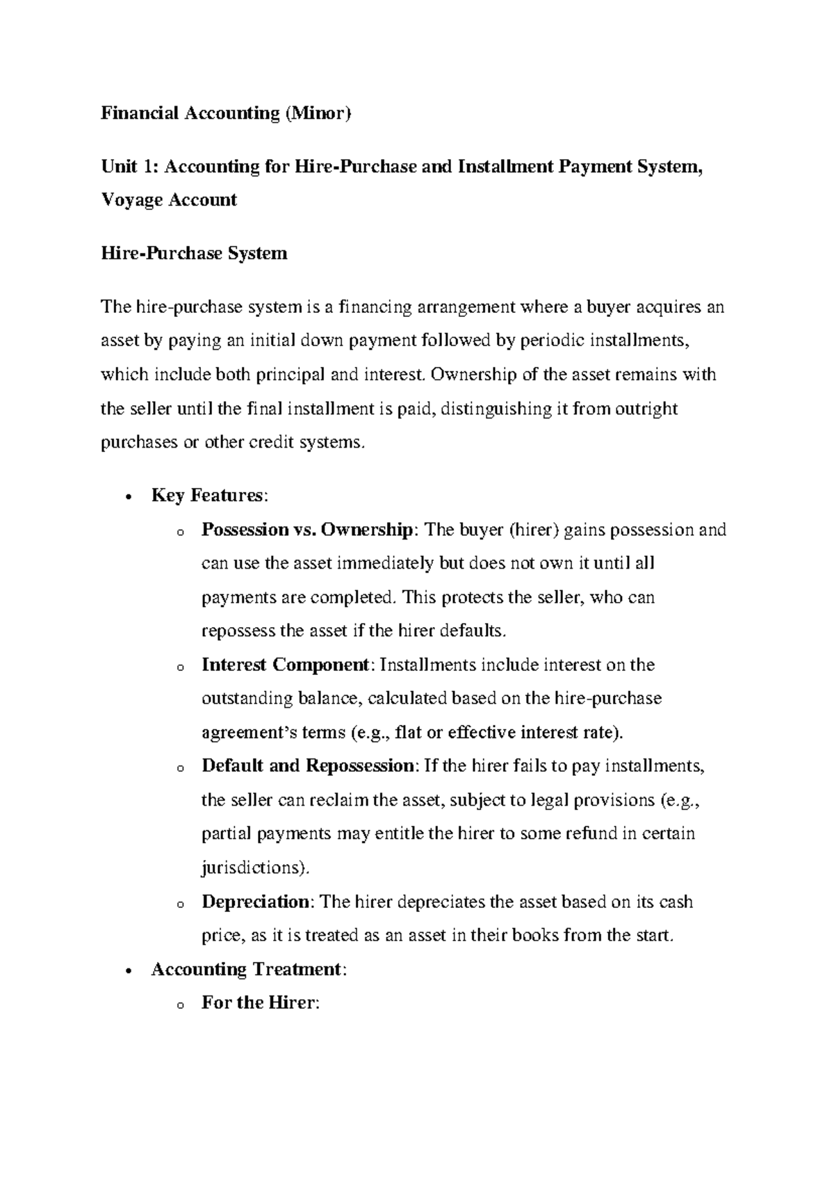 Financial Accounting (Minor) Unit 1: Installment & Voyage Accounting ...