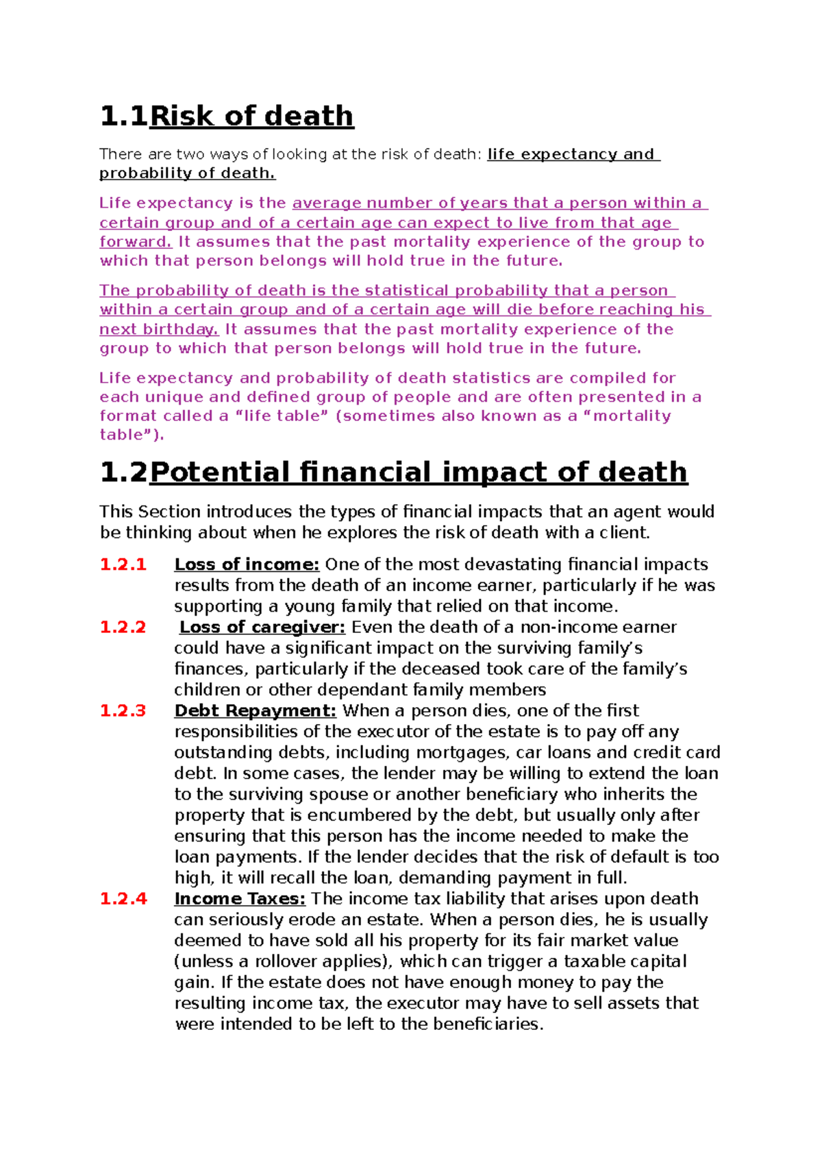 Chapter 1: Life Insurance & Risk Assessment (FIN 101) - Studocu