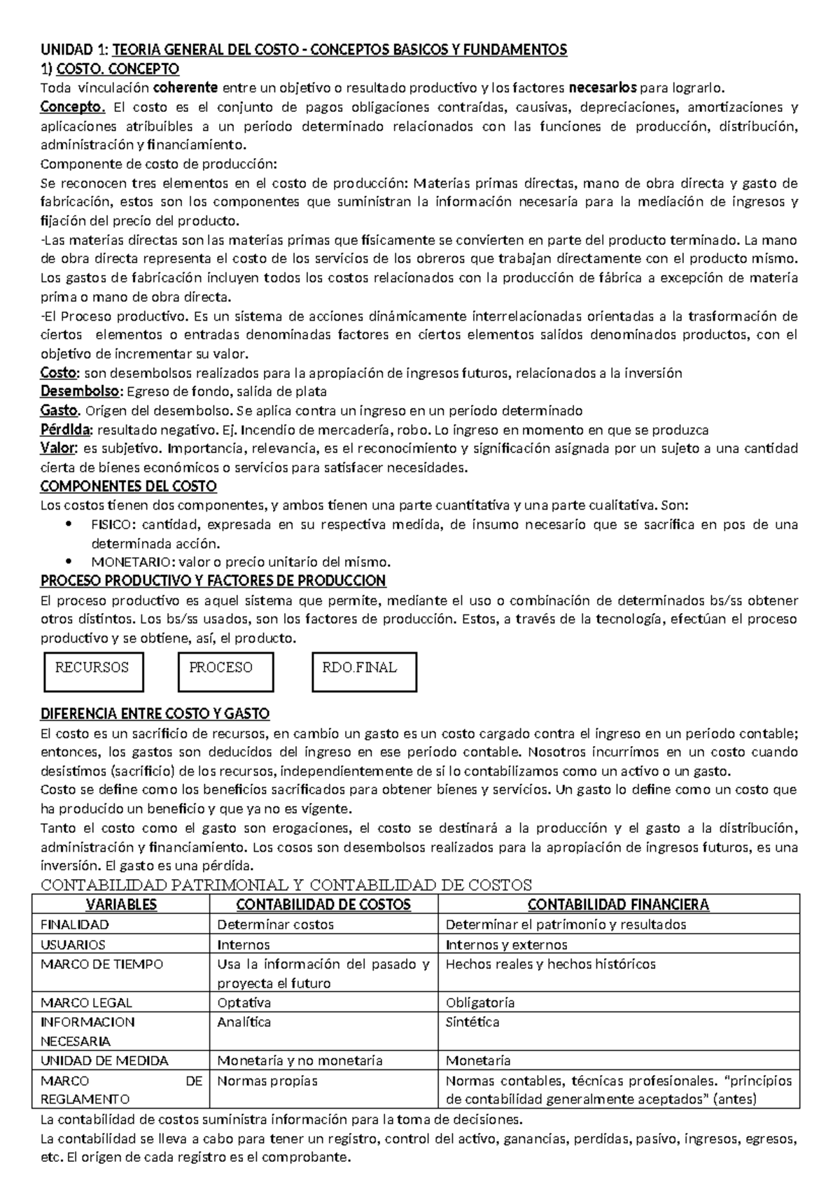 UNIDAD 1: TEORÍA GENERAL DEL COSTO - CONCEPTOS Y FUNDAMENTOS - Studocu