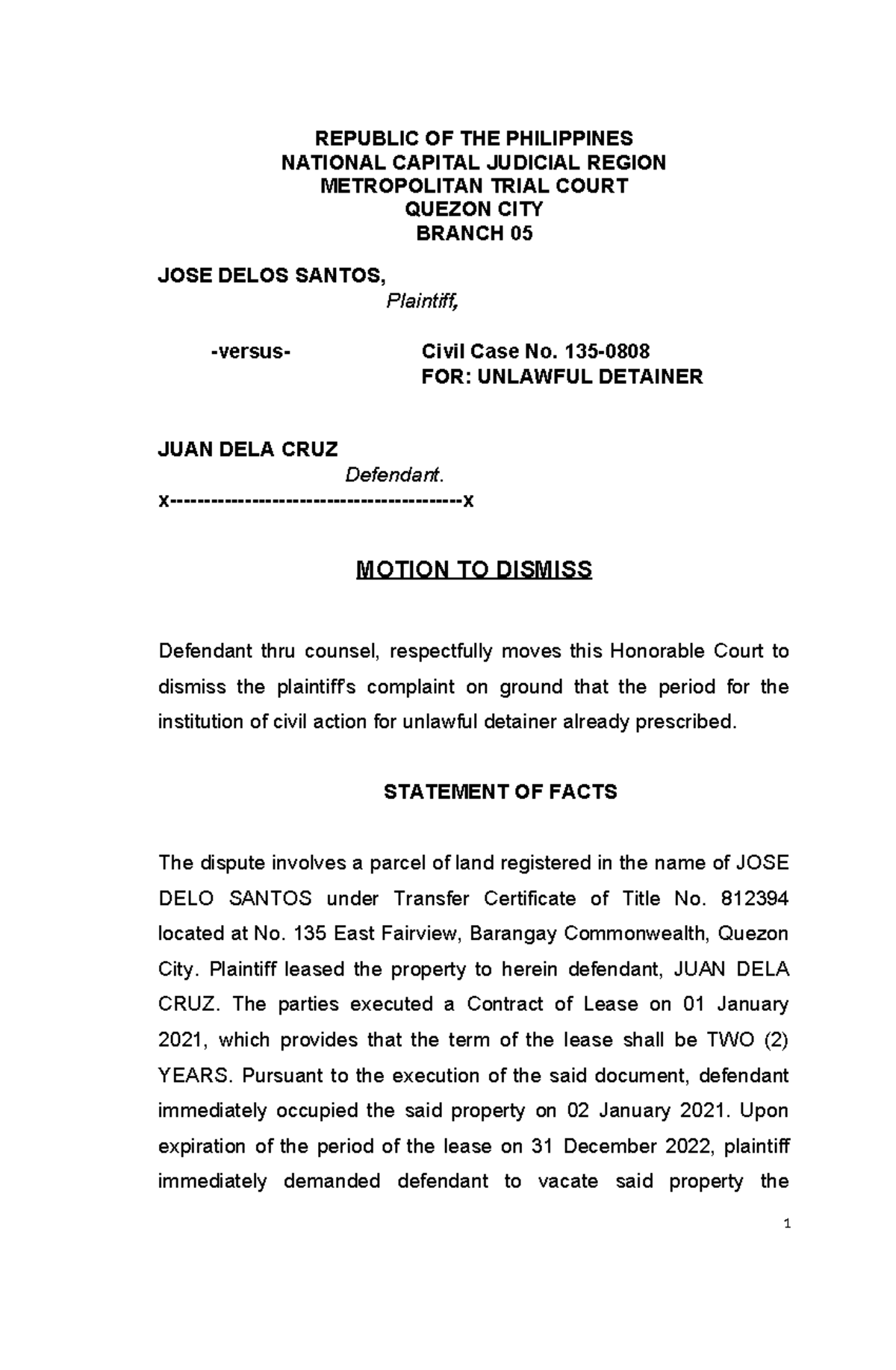 Motion to Dismiss - Civil Case No. 135 for Unlawful Detainer - Studocu