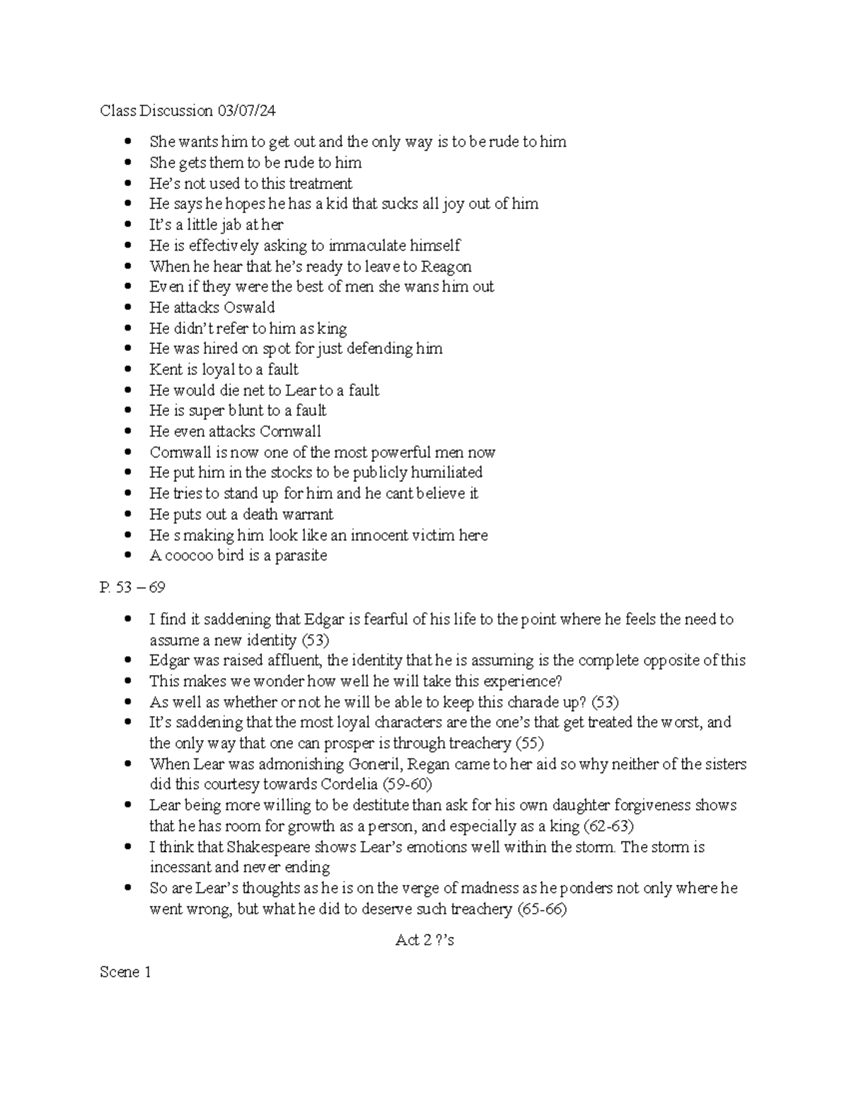 King Lear Notes & Act 2 Questions (Journal p. 53-69) Analysis - Studocu