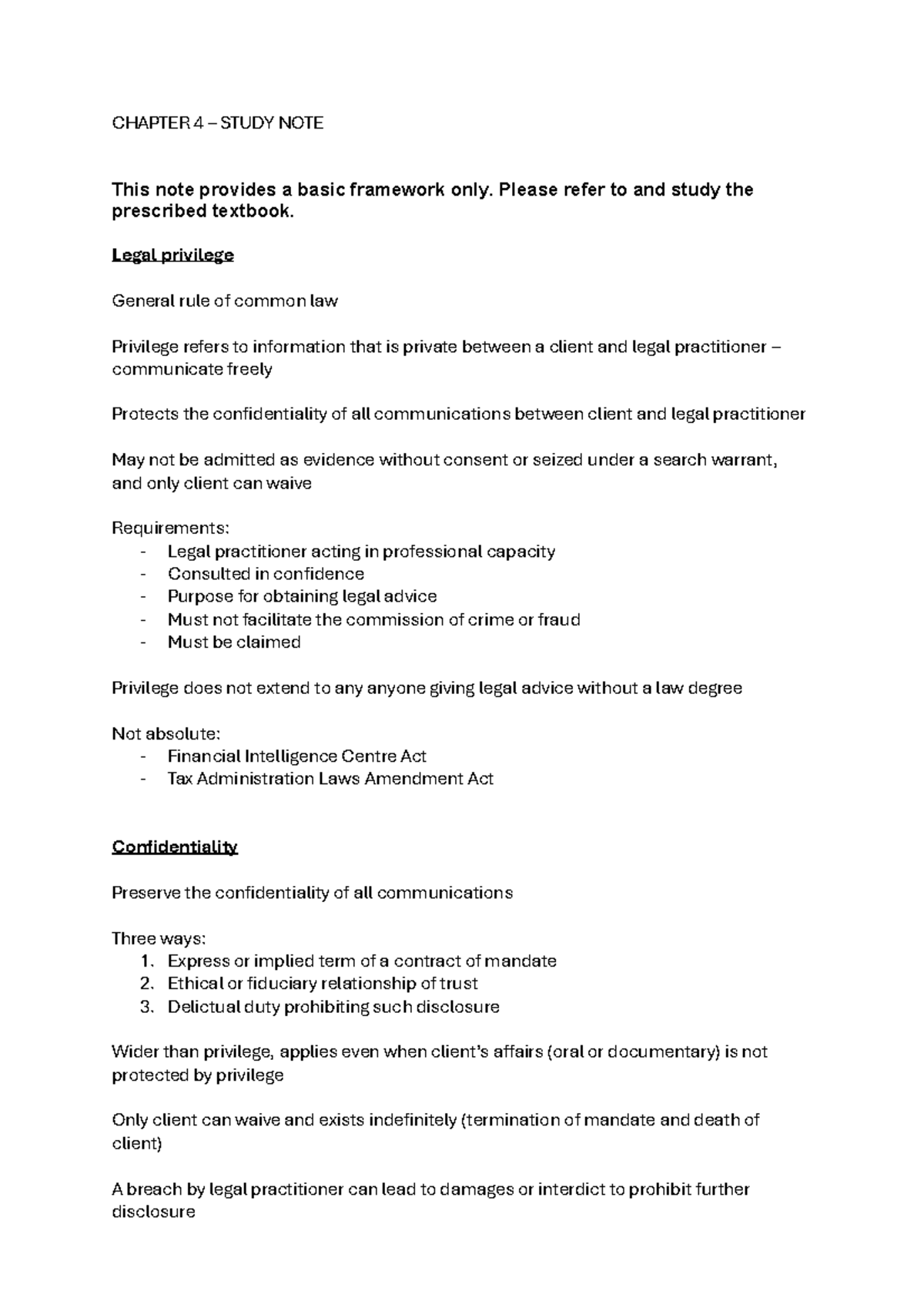 CHAPTER 4 - LEGAL PRIVILEGE STUDY NOTES - Studocu