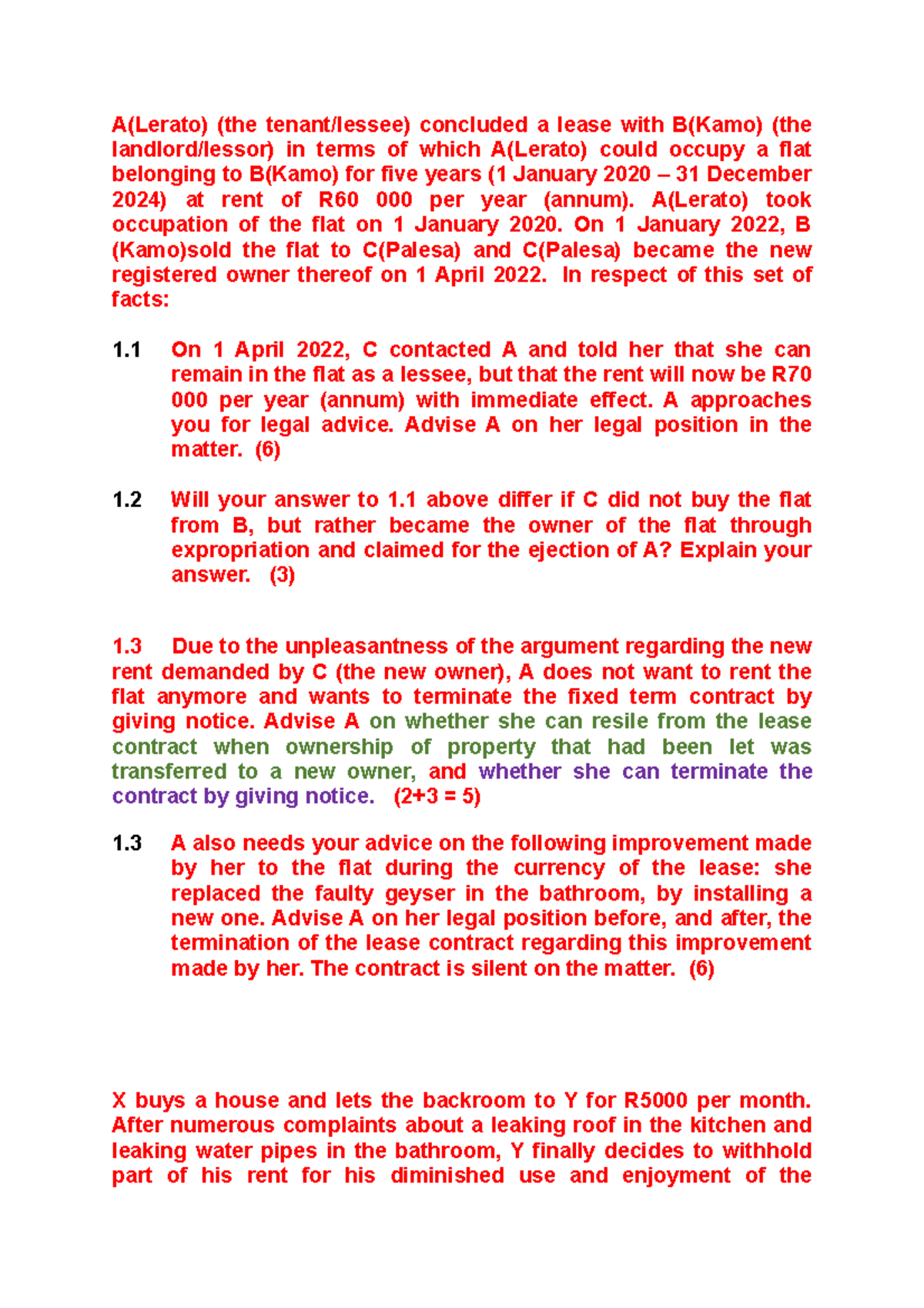 LSP assignment - A(Lerato) (the tenant/lessee) concluded a lease with B ...