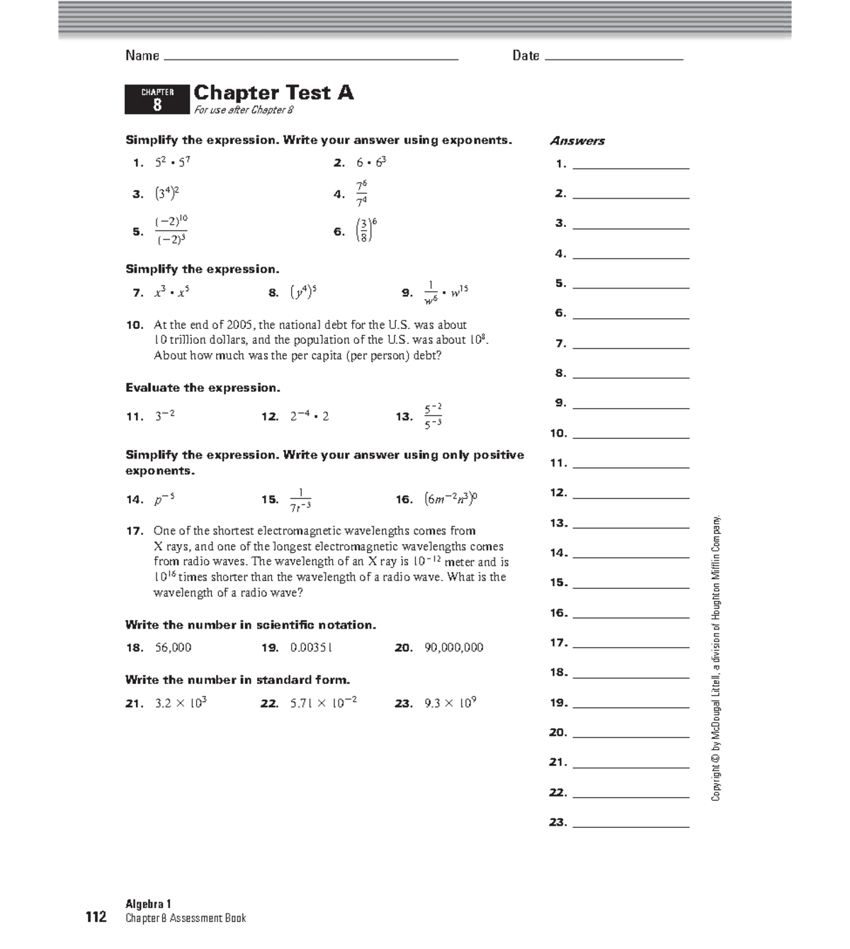 Algebra 1 CH 8 Practice Test: Simplifying Expressions and Exponents ...
