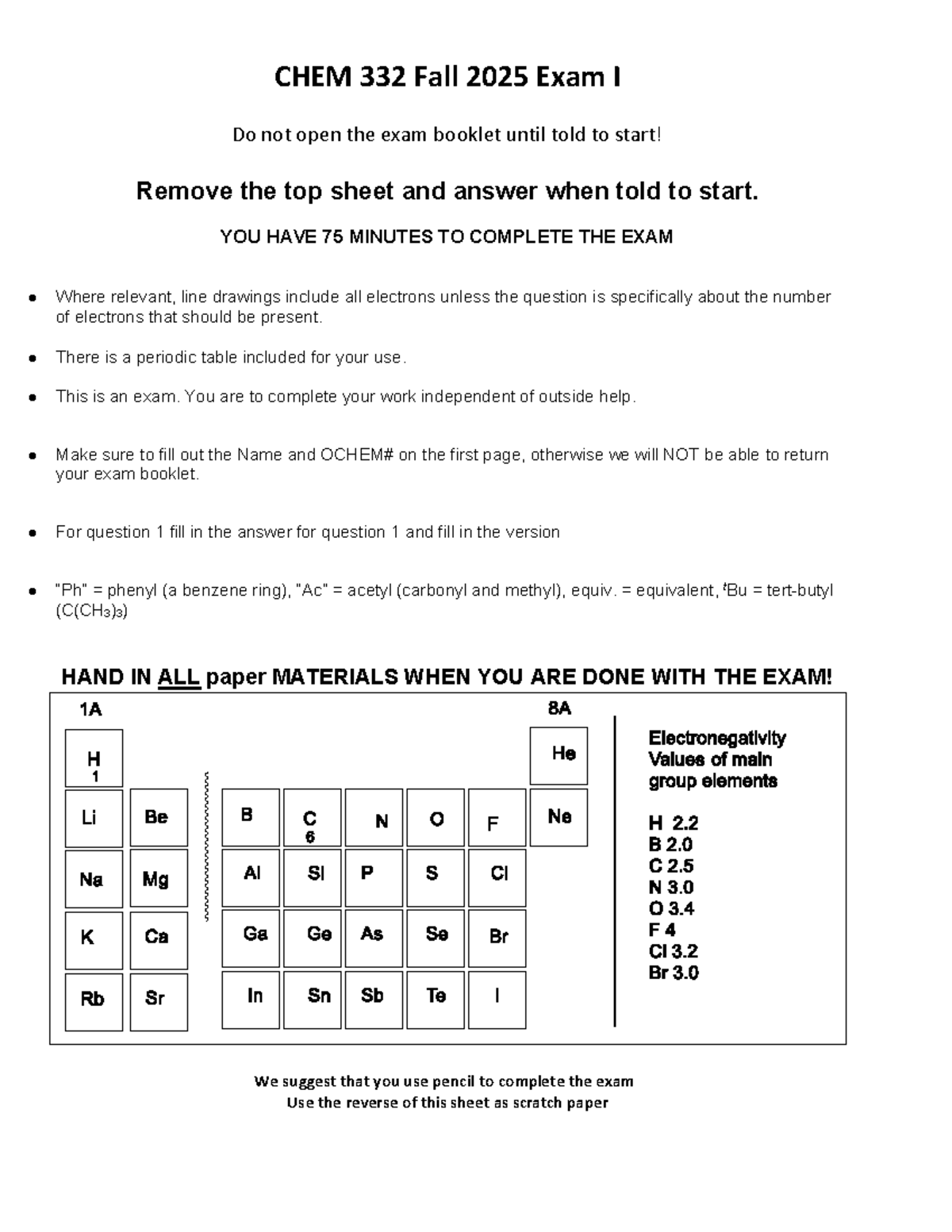 CHEM 332 Fall 2025 Exam I Version A with Annotated Answers - Studocu