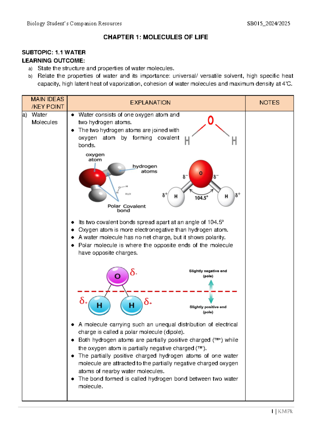 Bioscore SB015 Chapter 1: Water and Molecules of Life Insights - Studocu